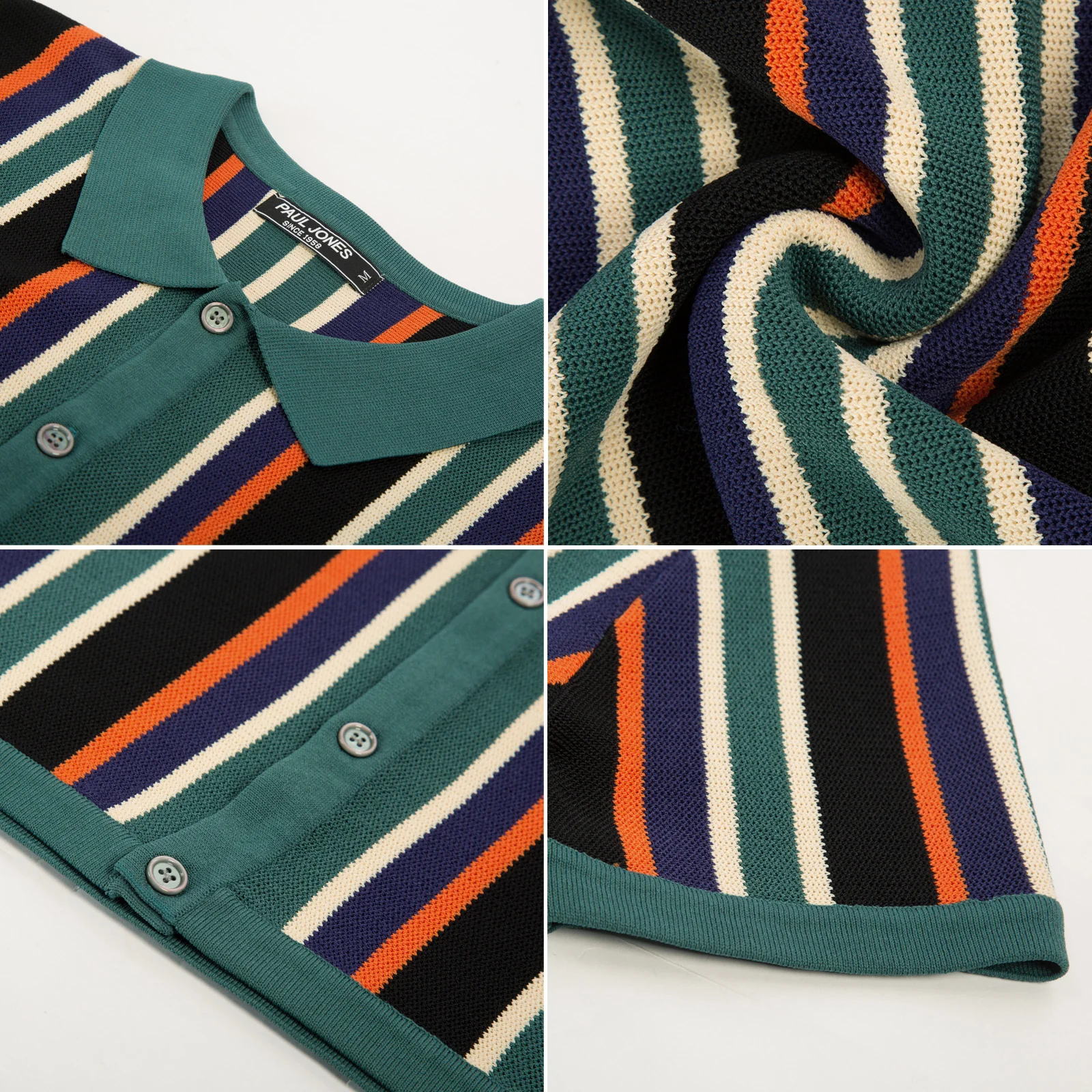 Men’s Short Sleeve Knit Shirt Vintage Stripe Lapel Collar Polo Cardigans Shirts - Image 42