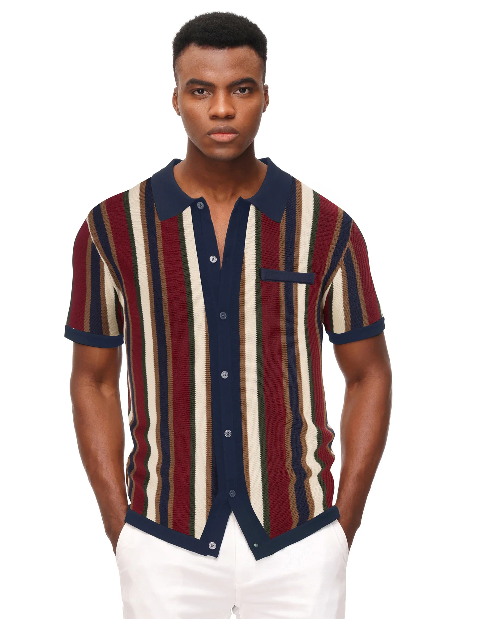 Men’s Short Sleeve Knit Shirt Vintage Stripe Lapel Collar Polo Cardigans Shirts - Image 45