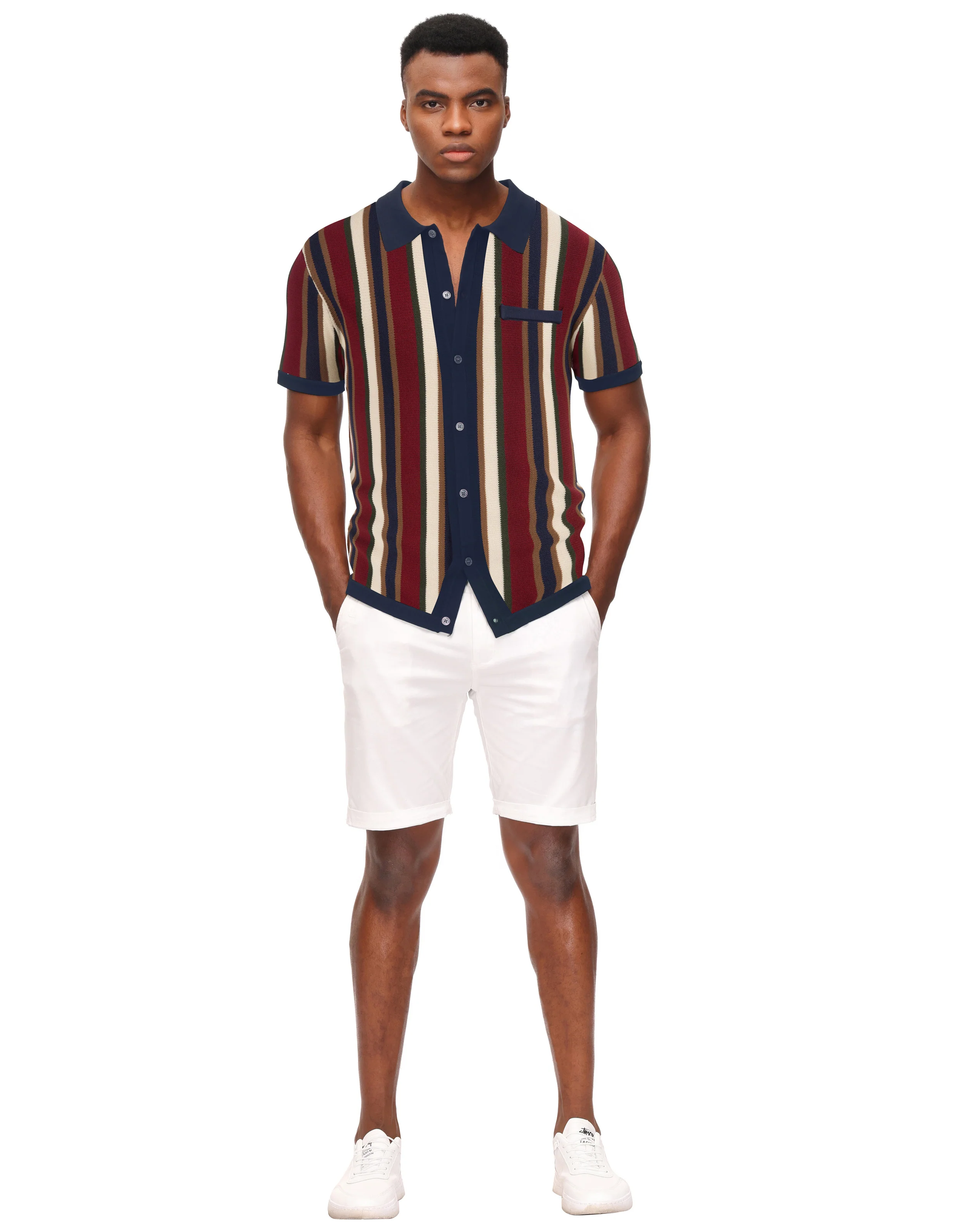 Men’s Short Sleeve Knit Shirt Vintage Stripe Lapel Collar Polo Cardigans Shirts - Image 46