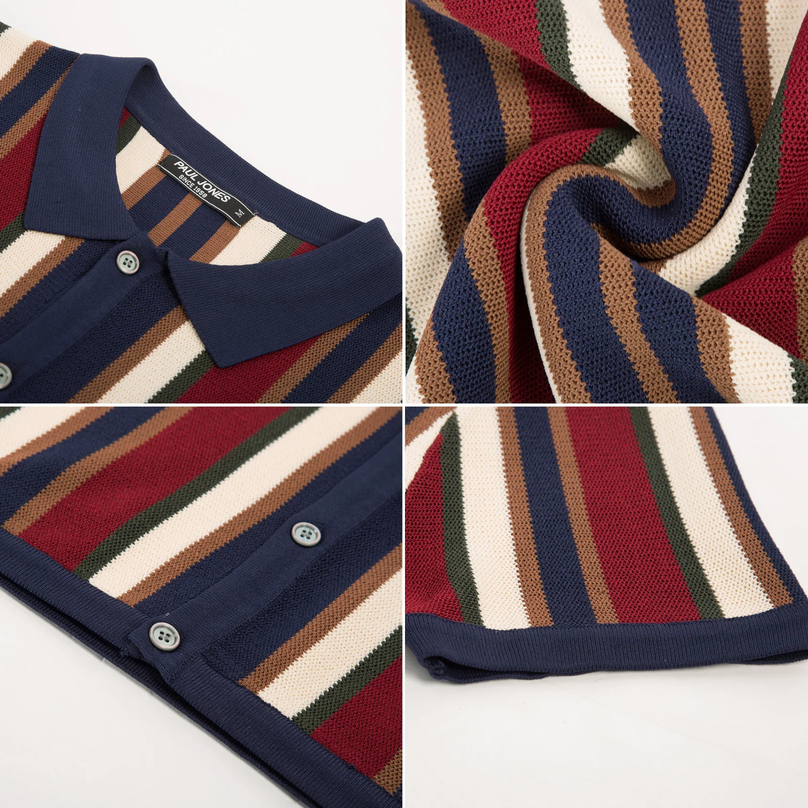 Men’s Short Sleeve Knit Shirt Vintage Stripe Lapel Collar Polo Cardigans Shirts - Image 47