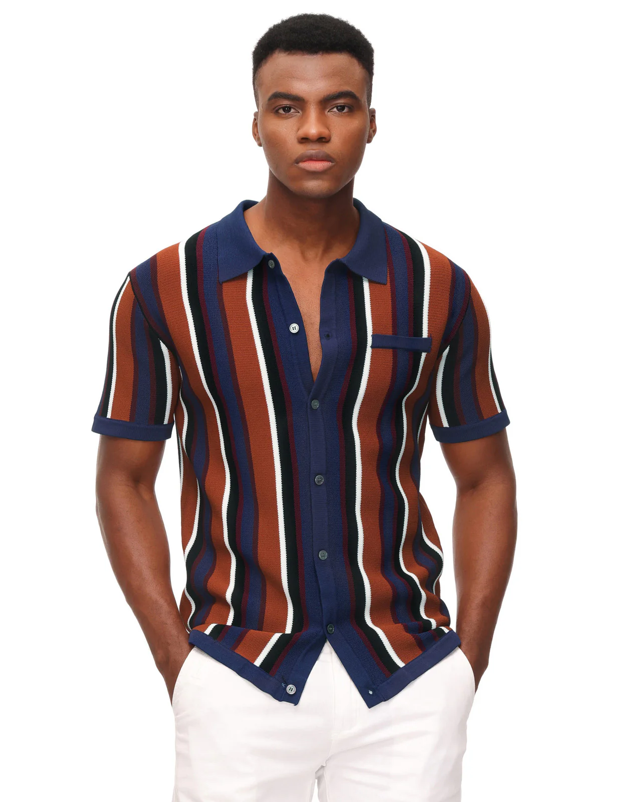 Men’s Short Sleeve Knit Shirt Vintage Stripe Lapel Collar Polo Cardigans Shirts - Image 5