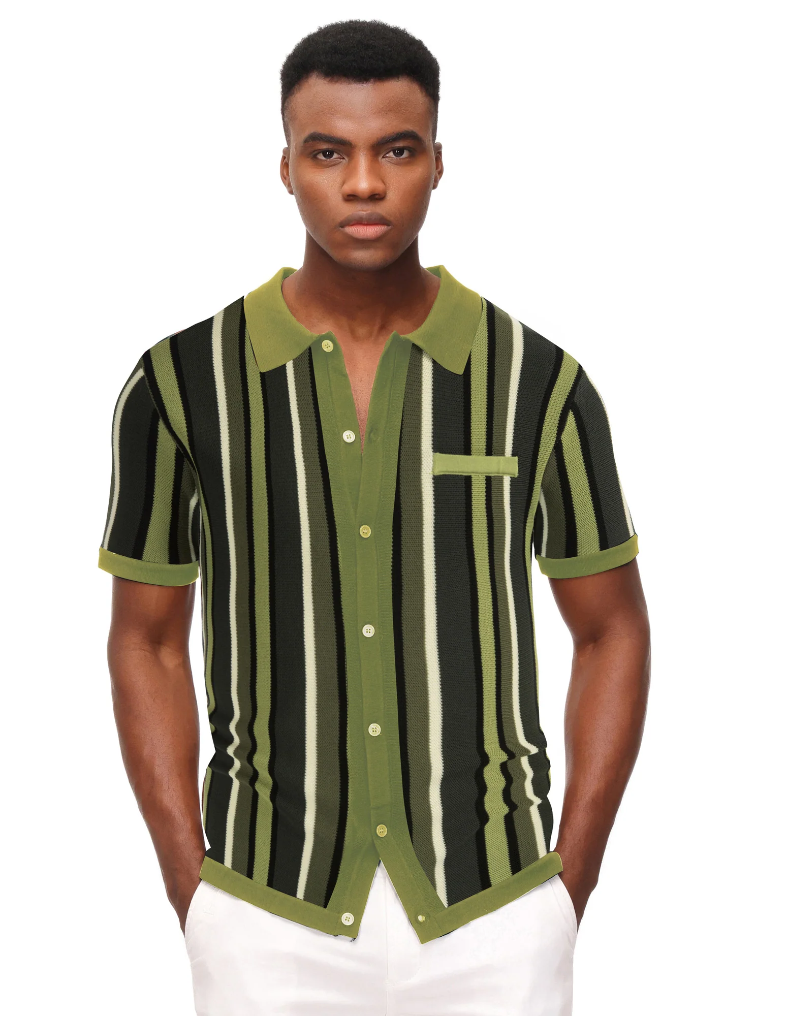 Men’s Short Sleeve Knit Shirt Vintage Stripe Lapel Collar Polo Cardigans Shirts - Image 50