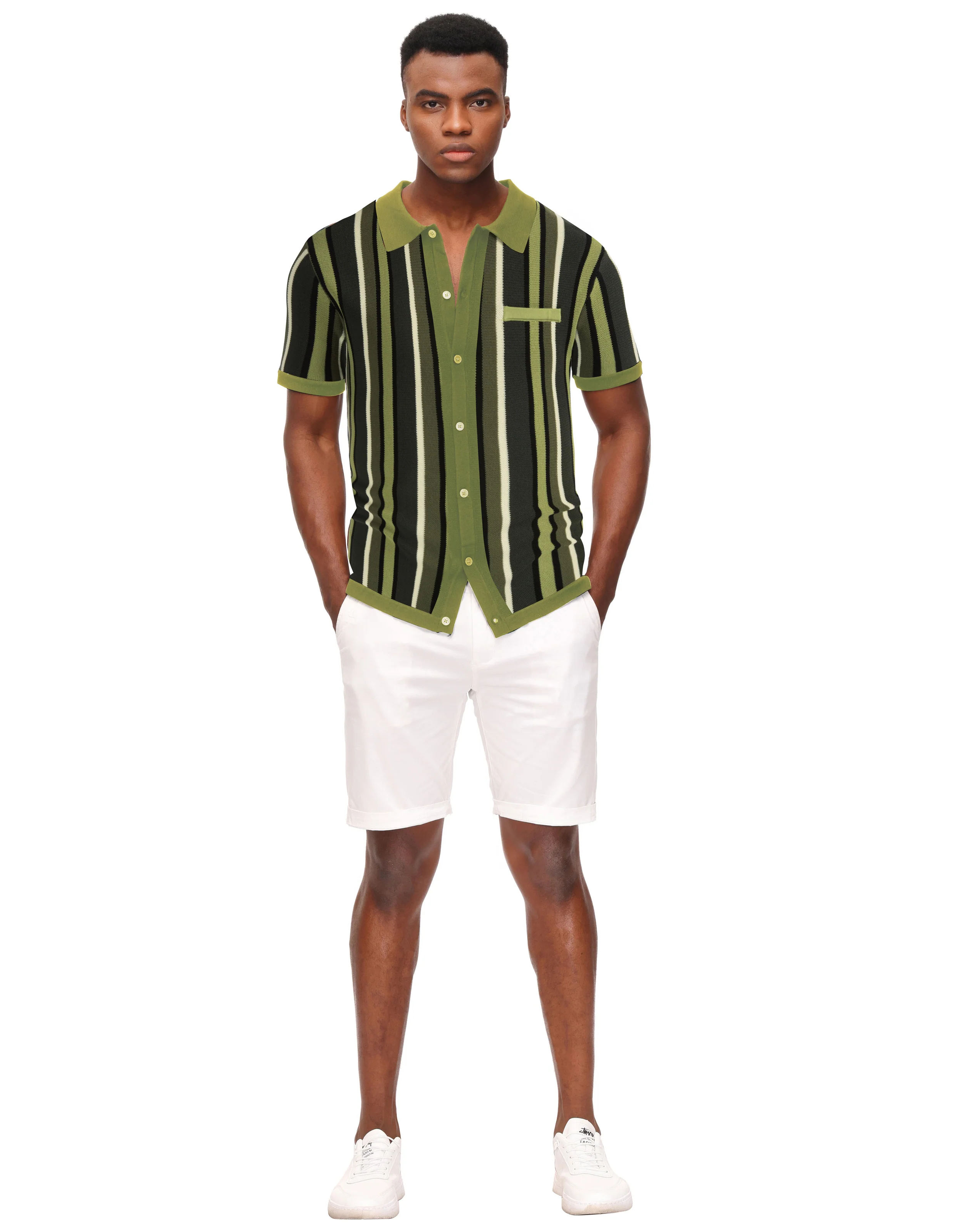 Men’s Short Sleeve Knit Shirt Vintage Stripe Lapel Collar Polo Cardigans Shirts - Image 51