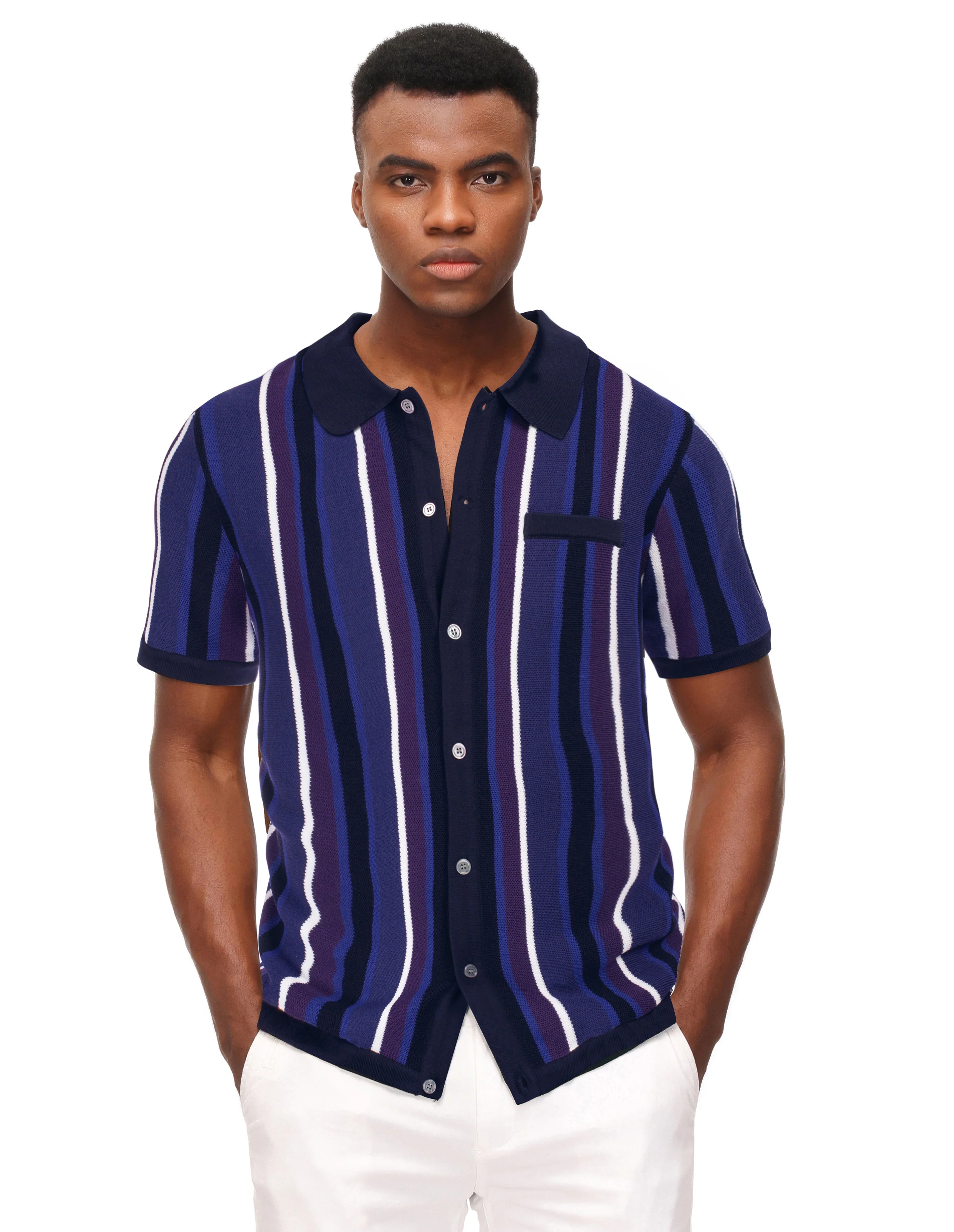 Men’s Short Sleeve Knit Shirt Vintage Stripe Lapel Collar Polo Cardigans Shirts - Image 54