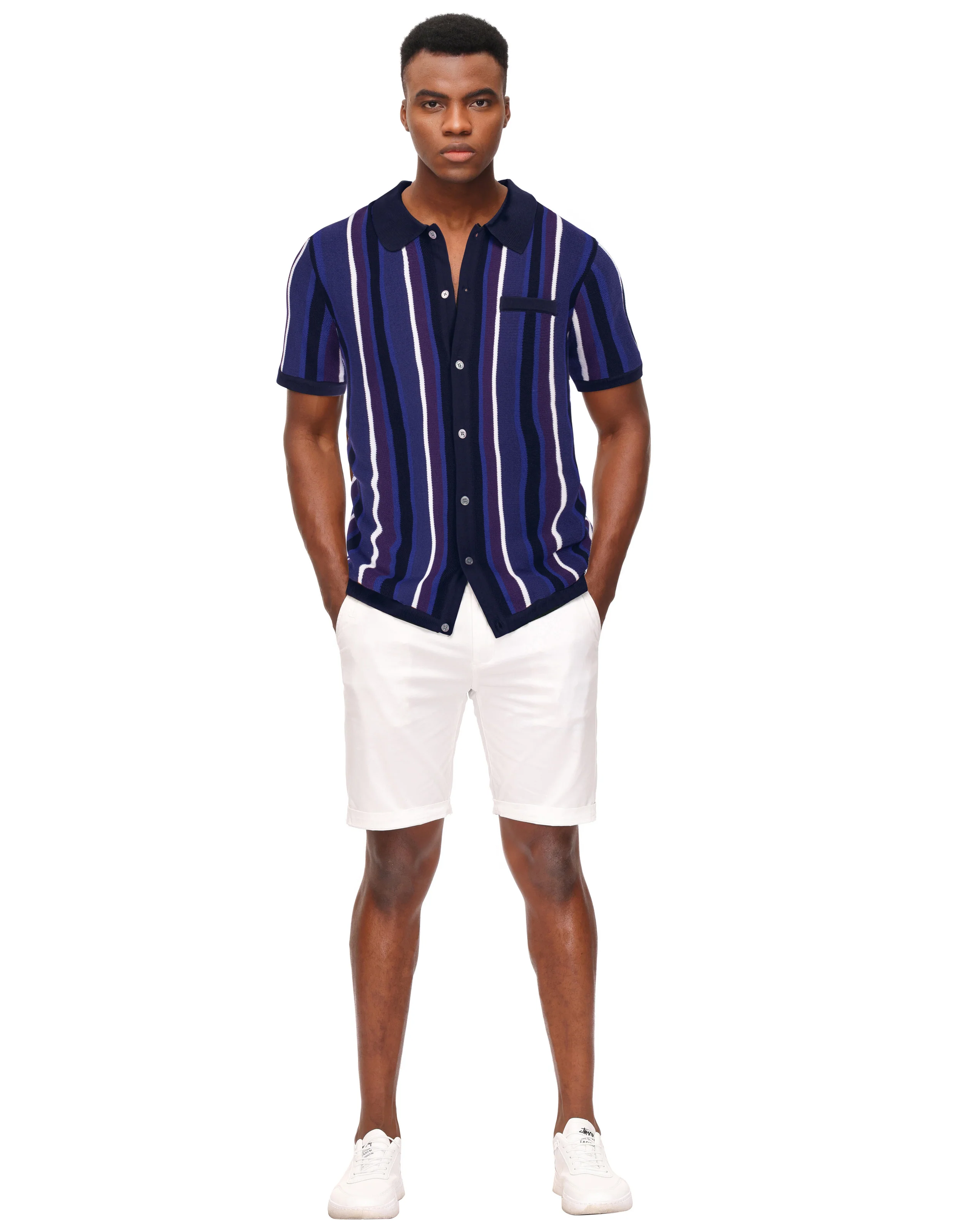 Men’s Short Sleeve Knit Shirt Vintage Stripe Lapel Collar Polo Cardigans Shirts - Image 55