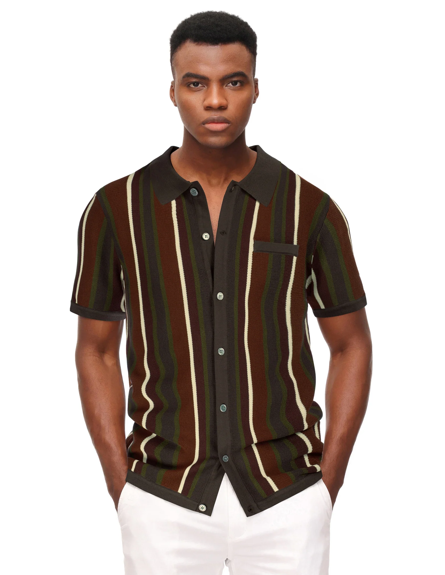 Men’s Short Sleeve Knit Shirt Vintage Stripe Lapel Collar Polo Cardigans Shirts - Image 58