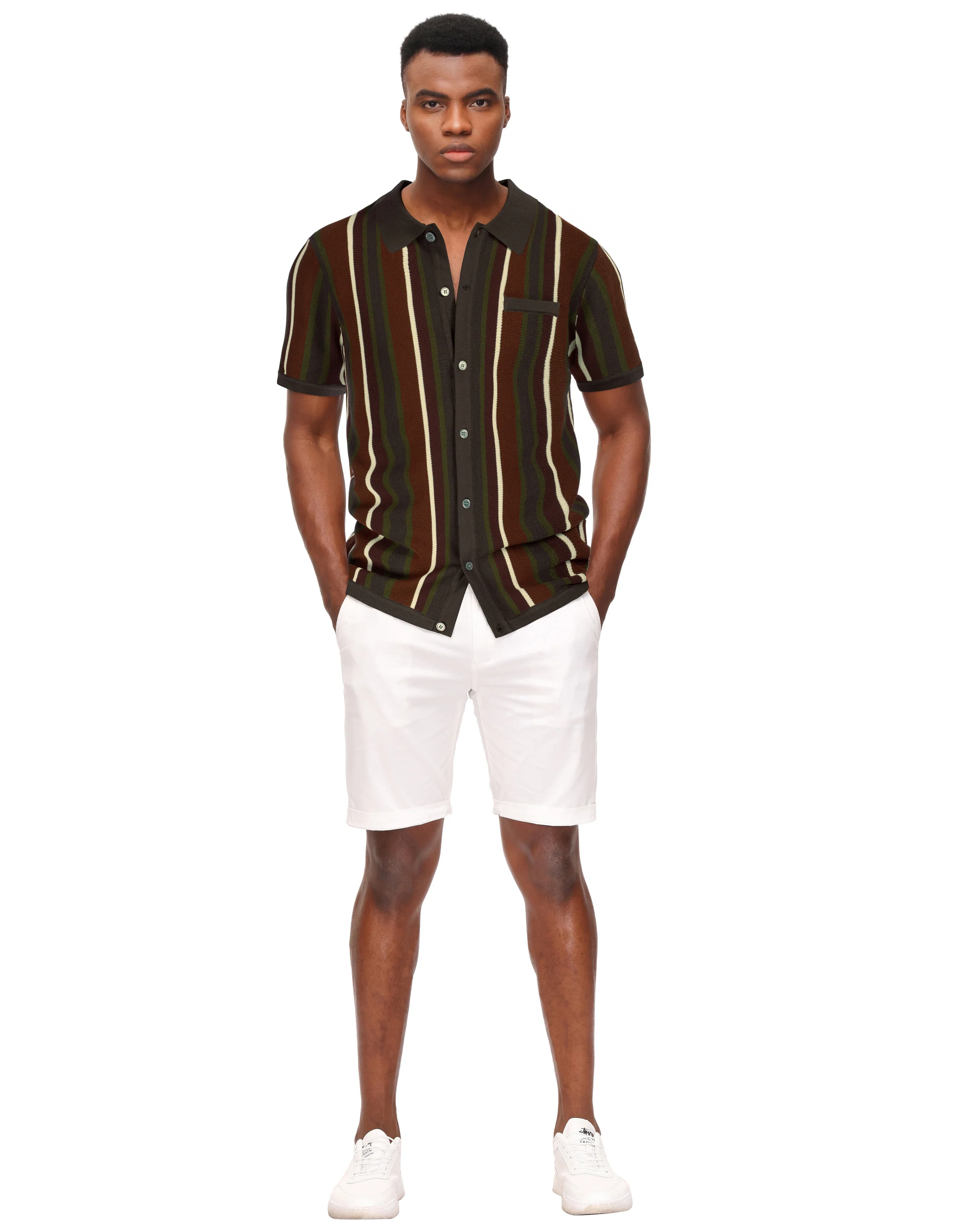Men’s Short Sleeve Knit Shirt Vintage Stripe Lapel Collar Polo Cardigans Shirts - Image 59