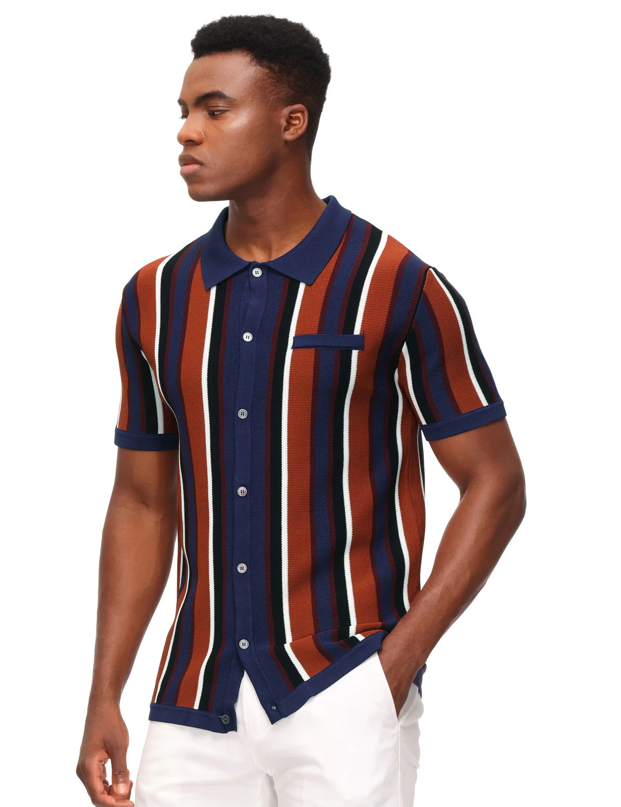 Men’s Short Sleeve Knit Shirt Vintage Stripe Lapel Collar Polo Cardigans Shirts - Image 6