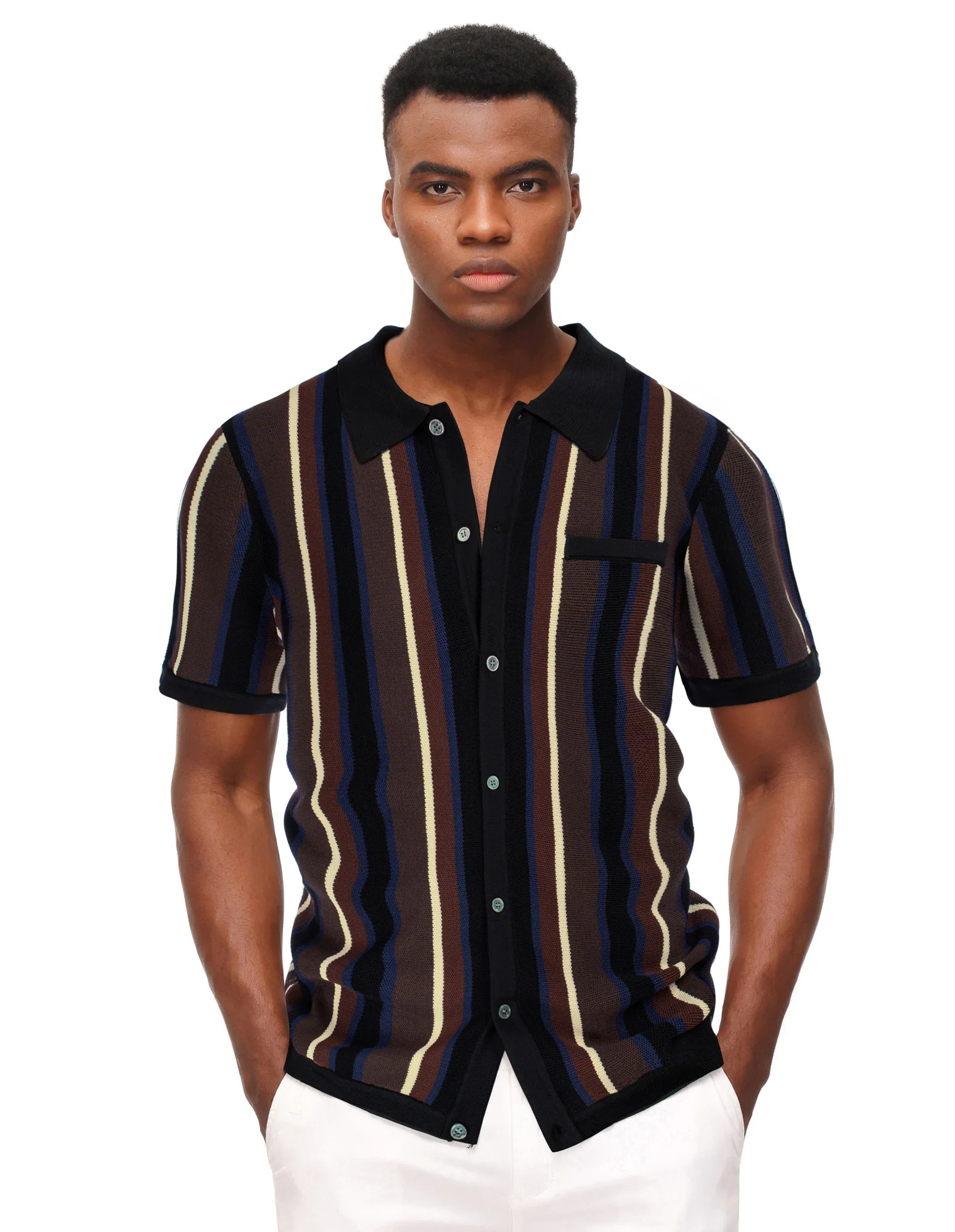 Men’s Short Sleeve Knit Shirt Vintage Stripe Lapel Collar Polo Cardigans Shirts - Image 63