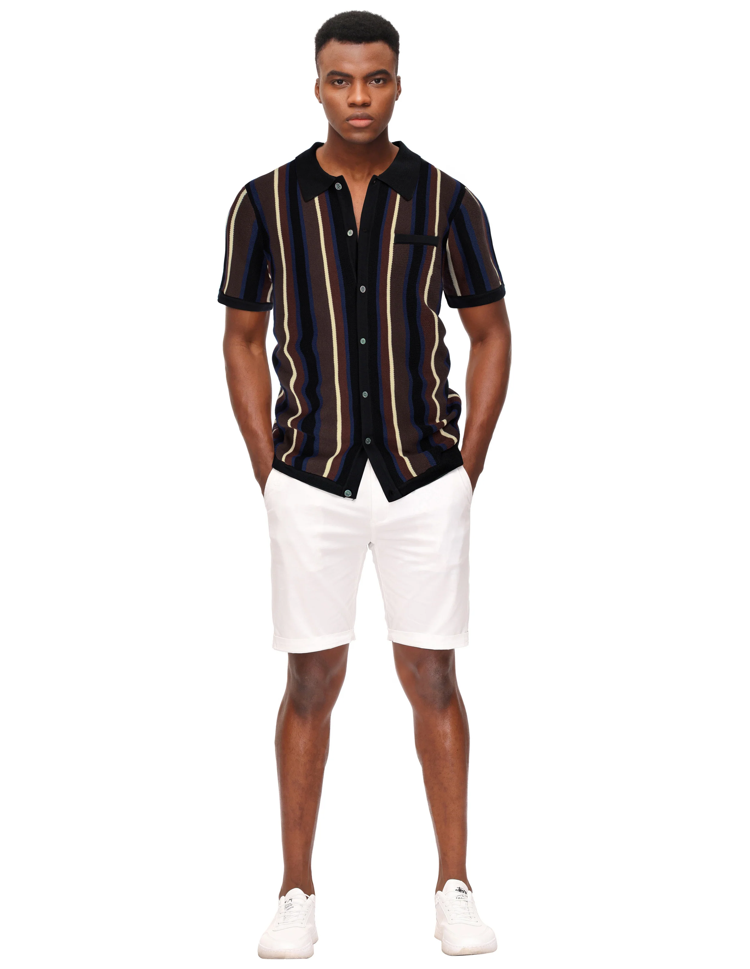 Men’s Short Sleeve Knit Shirt Vintage Stripe Lapel Collar Polo Cardigans Shirts - Image 64
