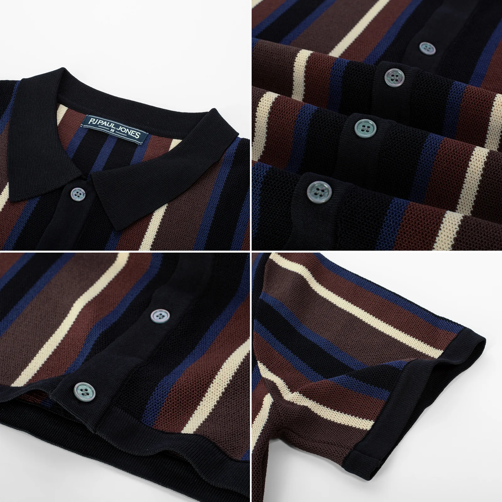 Men’s Short Sleeve Knit Shirt Vintage Stripe Lapel Collar Polo Cardigans Shirts - Image 66