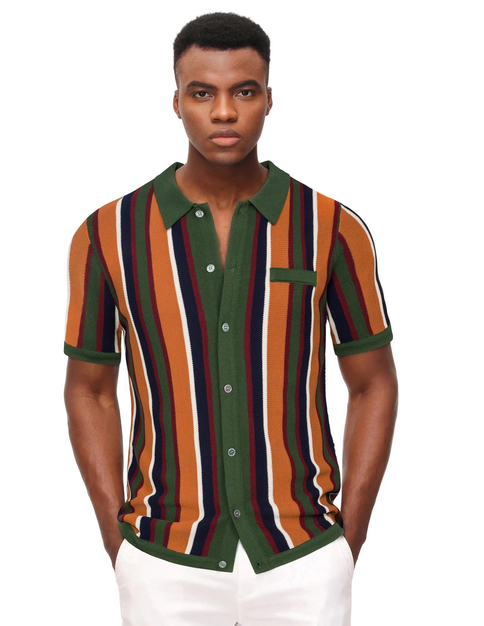 Men’s Short Sleeve Knit Shirt Vintage Stripe Lapel Collar Polo Cardigans Shirts - Image 68