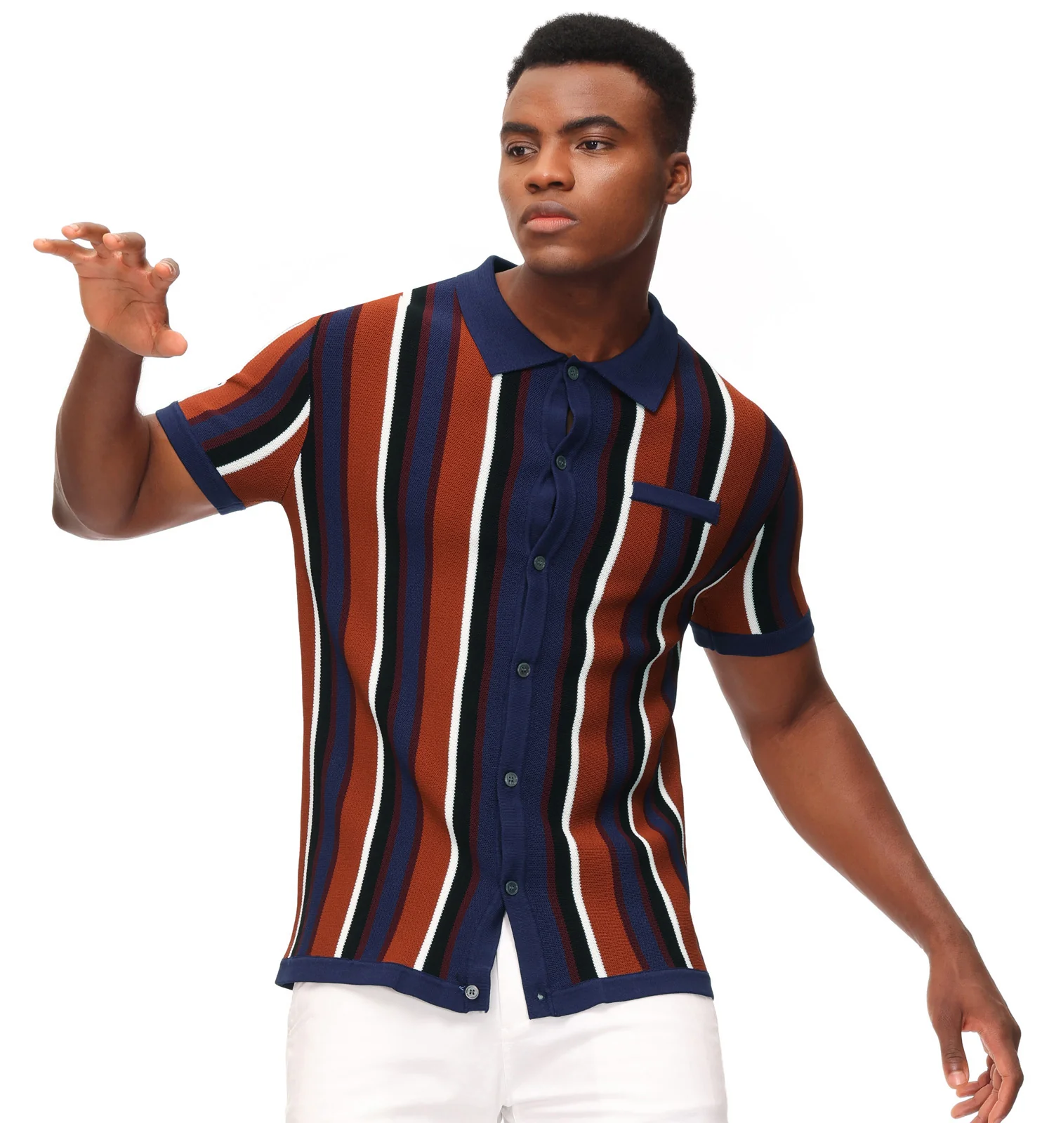 Men’s Short Sleeve Knit Shirt Vintage Stripe Lapel Collar Polo Cardigans Shirts - Image 7