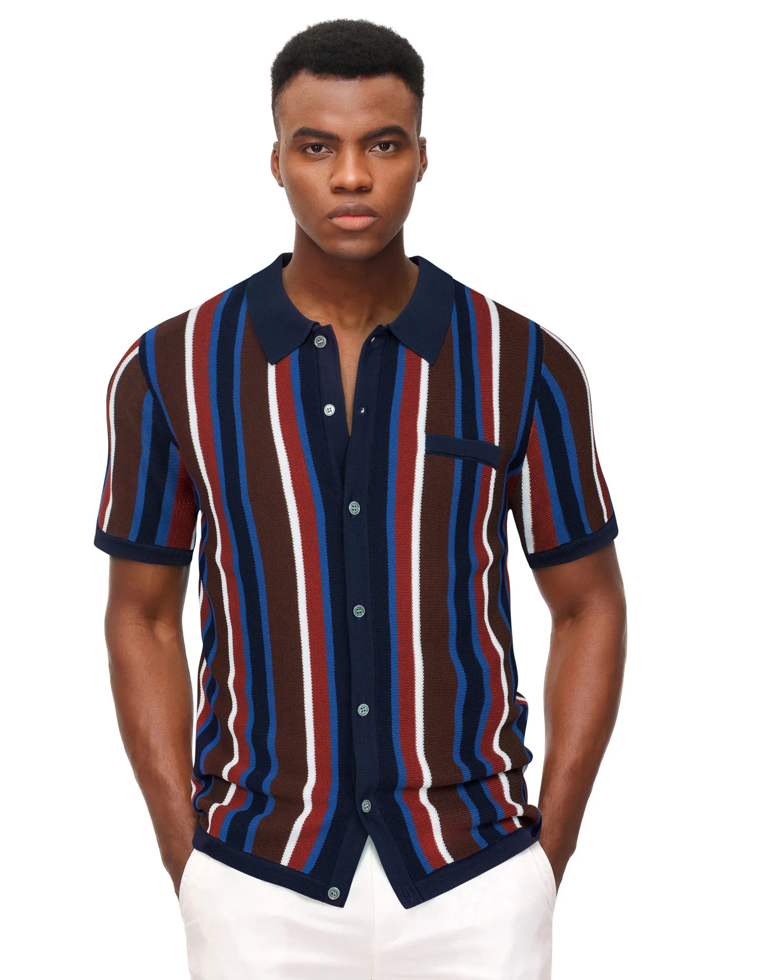 Men’s Short Sleeve Knit Shirt Vintage Stripe Lapel Collar Polo Cardigans Shirts - Image 75