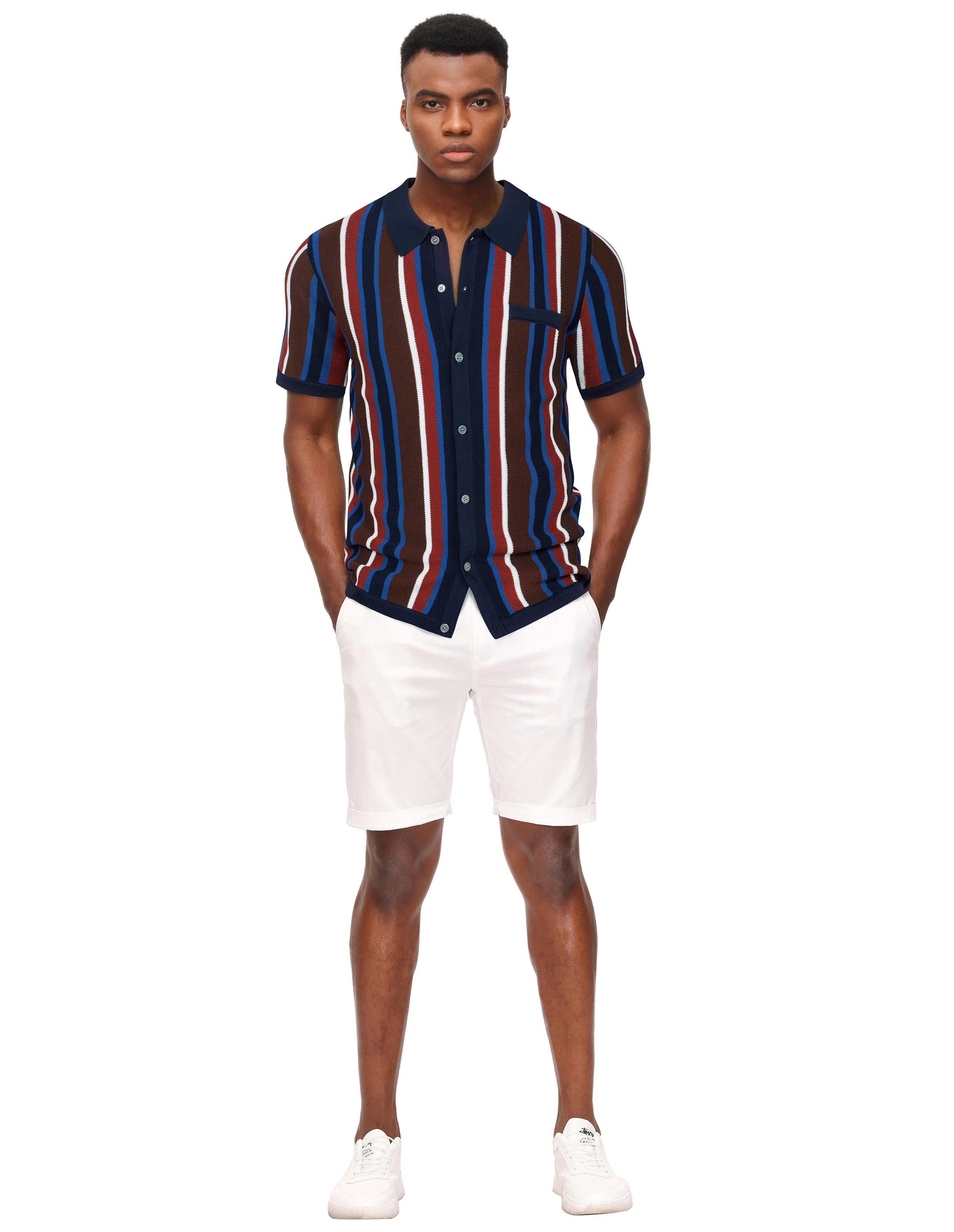 Men’s Short Sleeve Knit Shirt Vintage Stripe Lapel Collar Polo Cardigans Shirts - Image 76