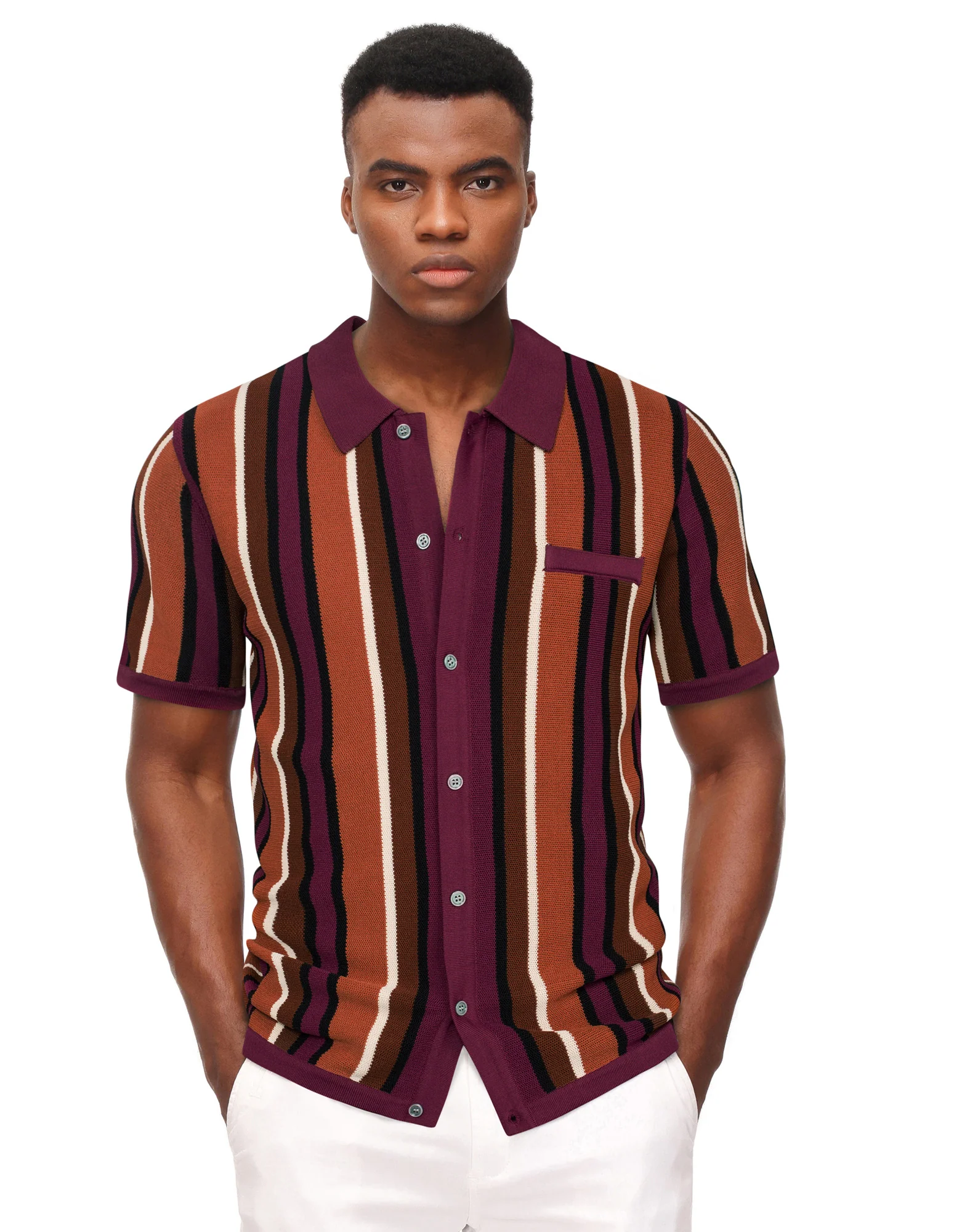 Men’s Short Sleeve Knit Shirt Vintage Stripe Lapel Collar Polo Cardigans Shirts - Image 82