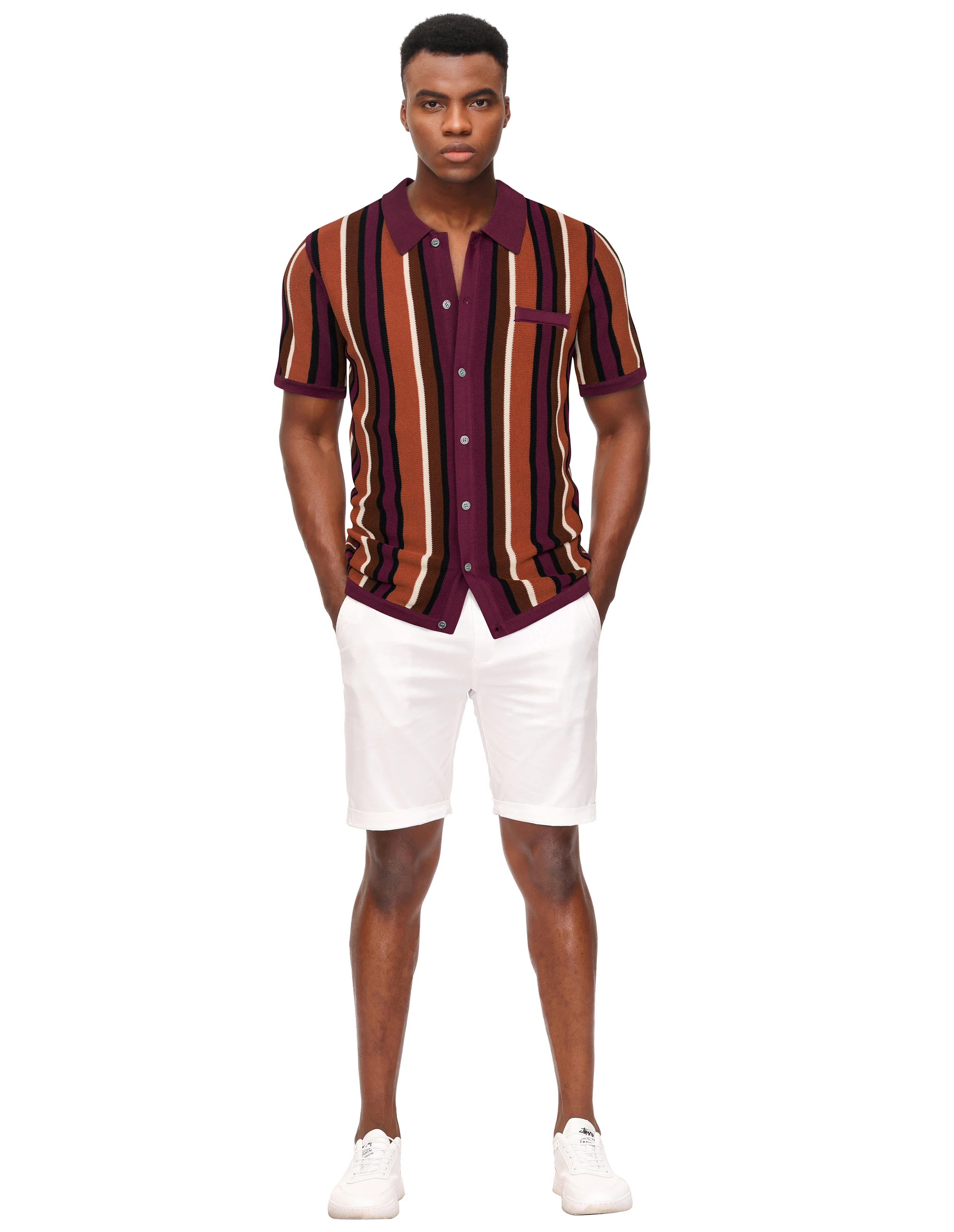 Men’s Short Sleeve Knit Shirt Vintage Stripe Lapel Collar Polo Cardigans Shirts - Image 83