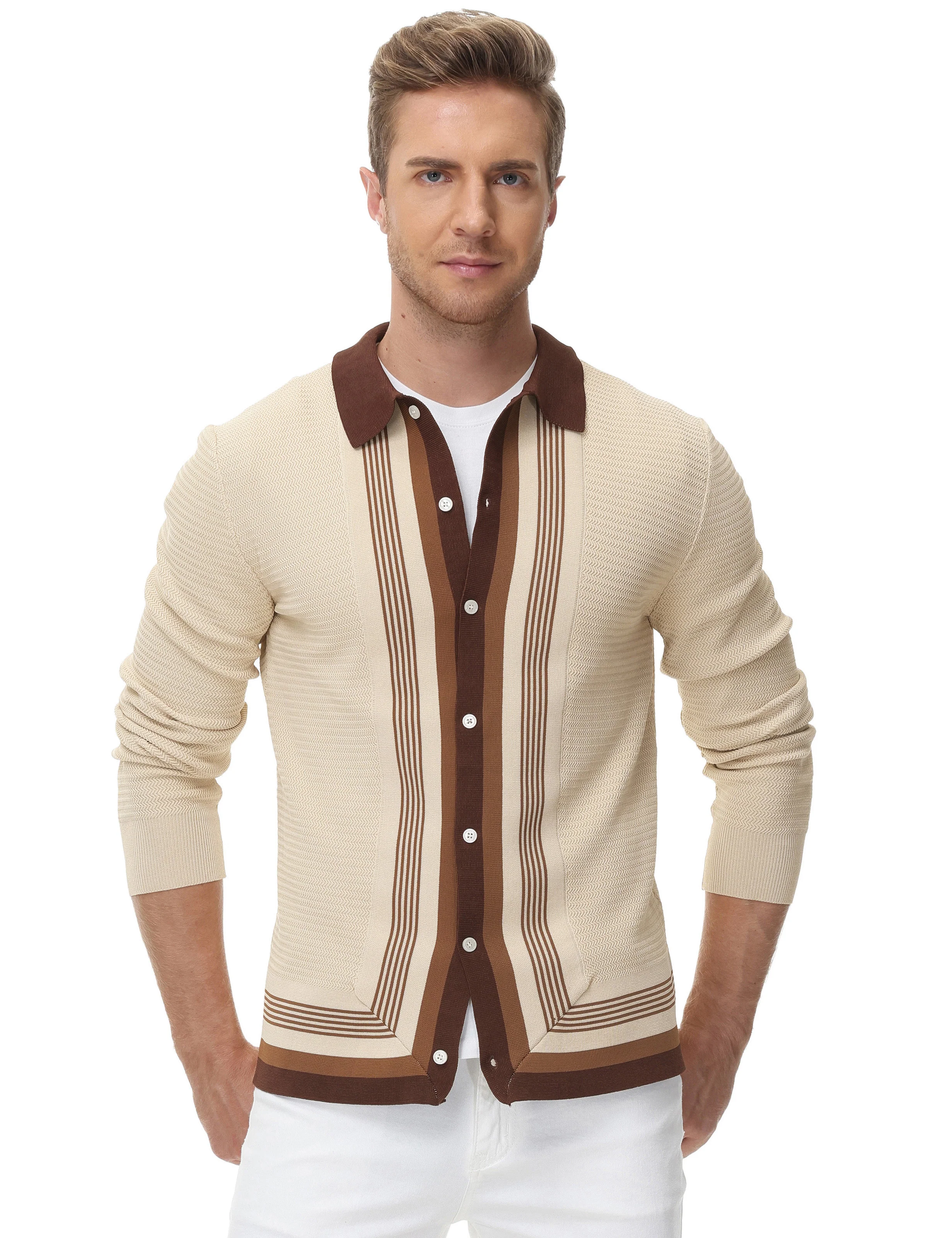 Mens Long Sleeve Button Down Knitted Cardigan Sweaters Stripe Polo Cardigans Shirts - Image 10