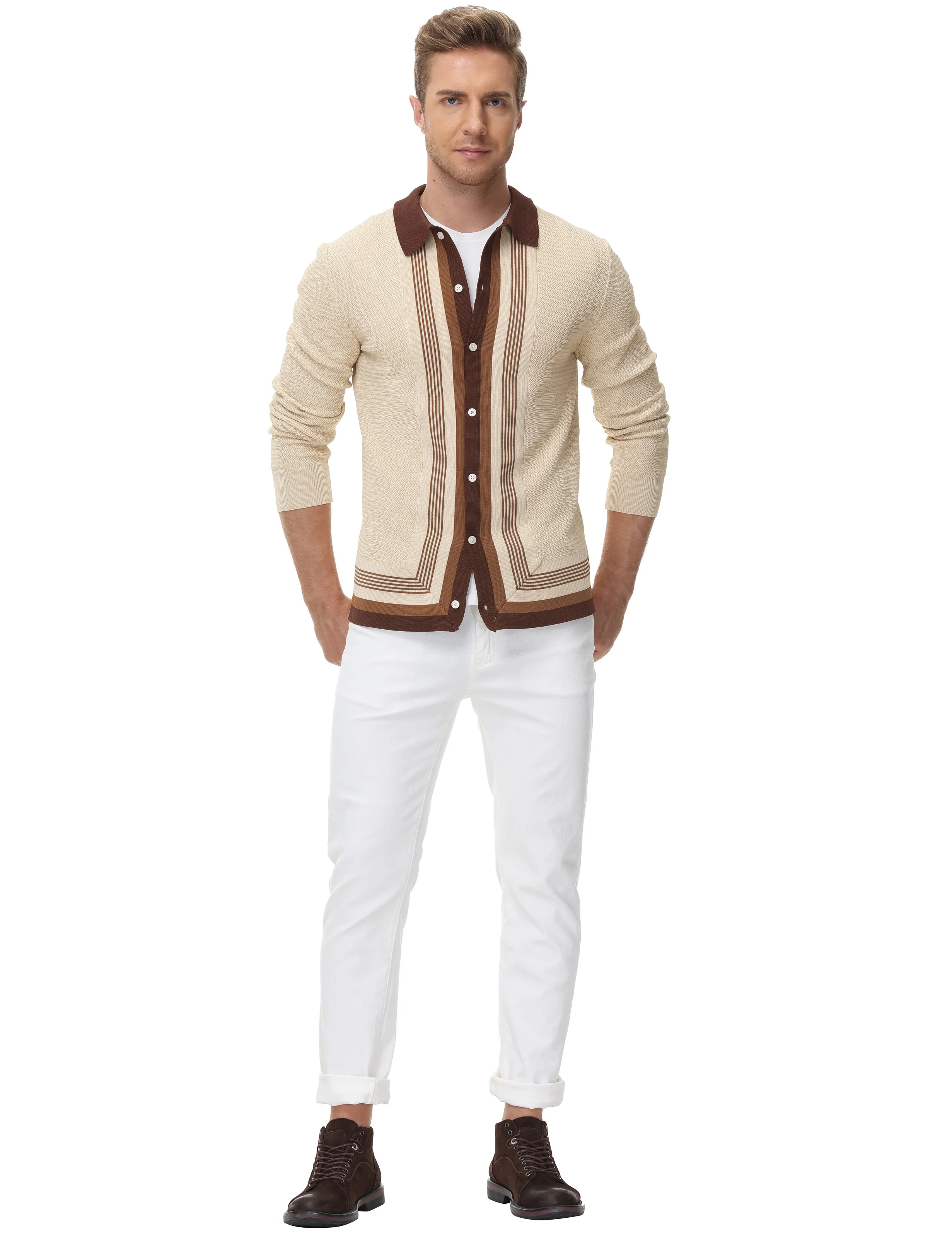 Mens Long Sleeve Button Down Knitted Cardigan Sweaters Stripe Polo Cardigans Shirts - Image 11