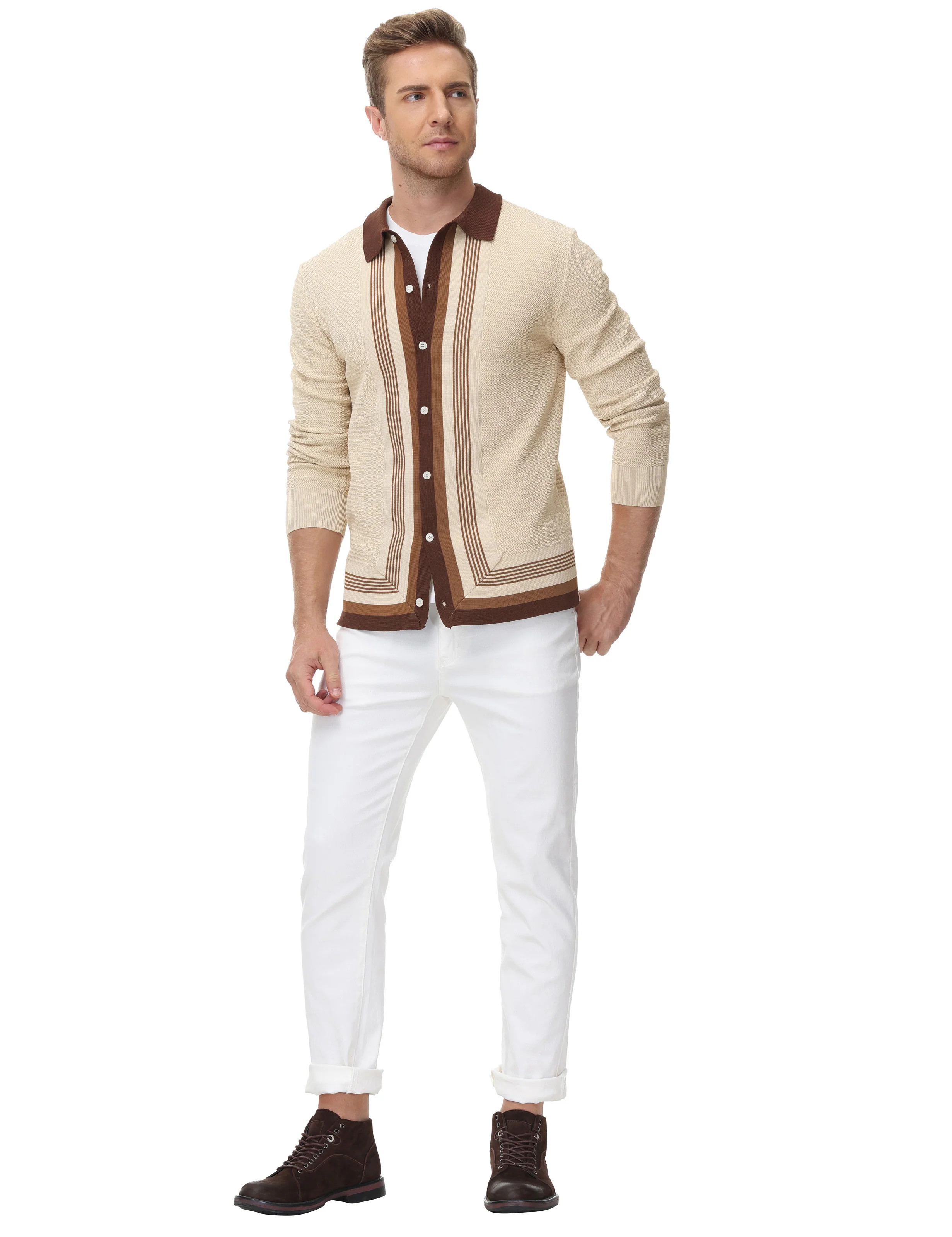 Mens Long Sleeve Button Down Knitted Cardigan Sweaters Stripe Polo Cardigans Shirts - Image 12