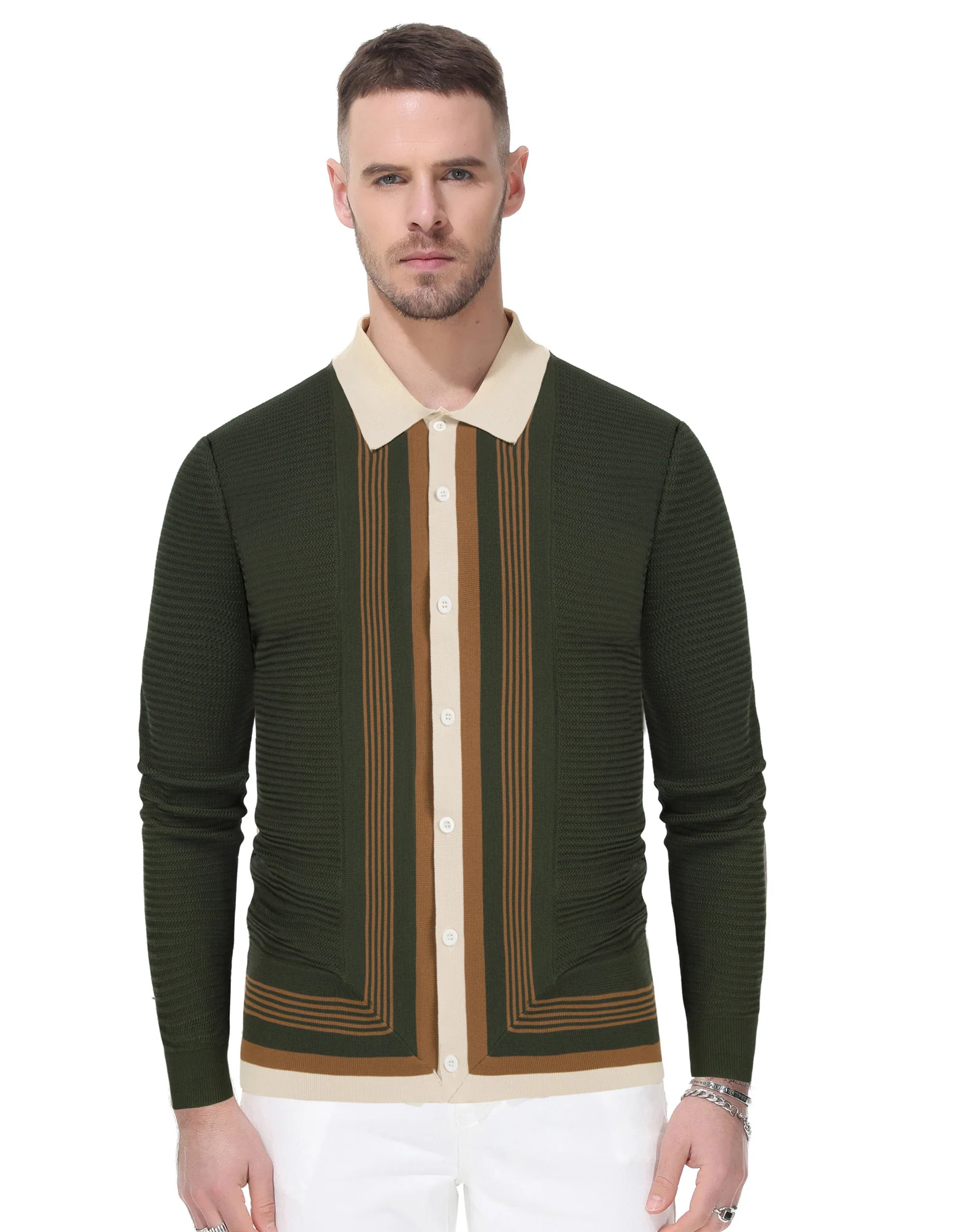 Mens Long Sleeve Button Down Knitted Cardigan Sweaters Stripe Polo Cardigans Shirts - Image 16