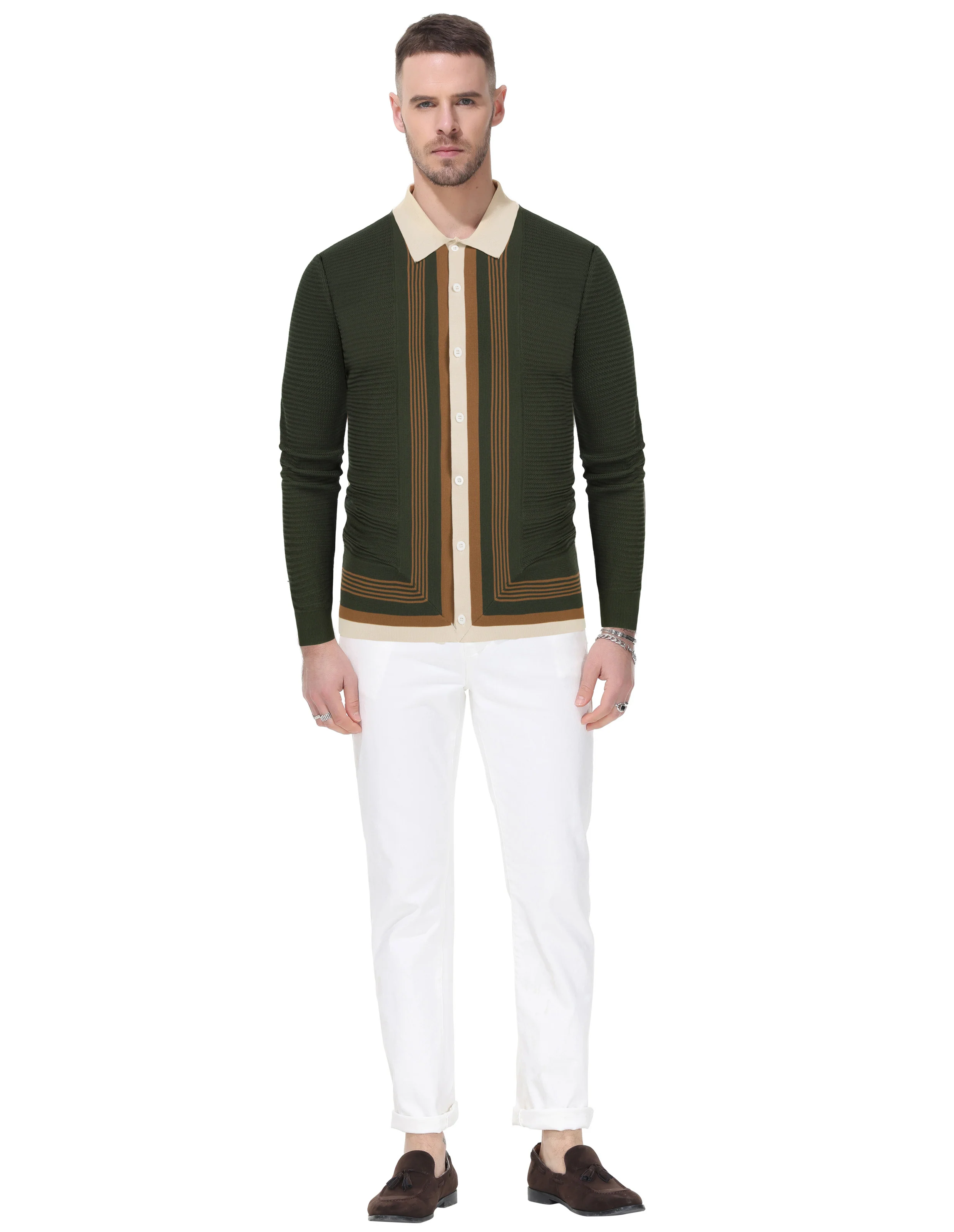 Mens Long Sleeve Button Down Knitted Cardigan Sweaters Stripe Polo Cardigans Shirts - Image 17