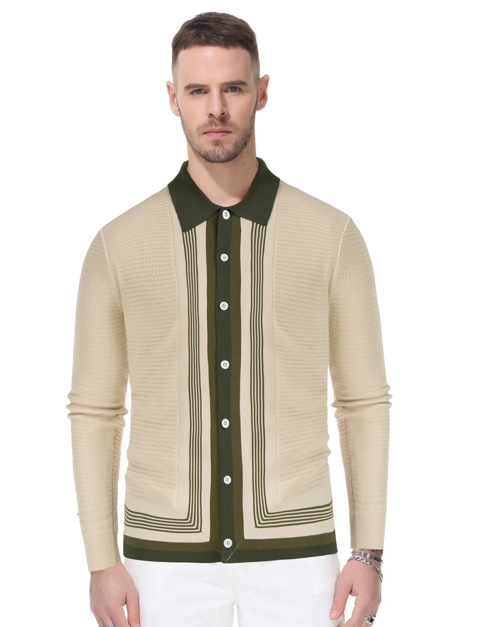 Mens Long Sleeve Button Down Knitted Cardigan Sweaters Stripe Polo Cardigans Shirts - Image 21