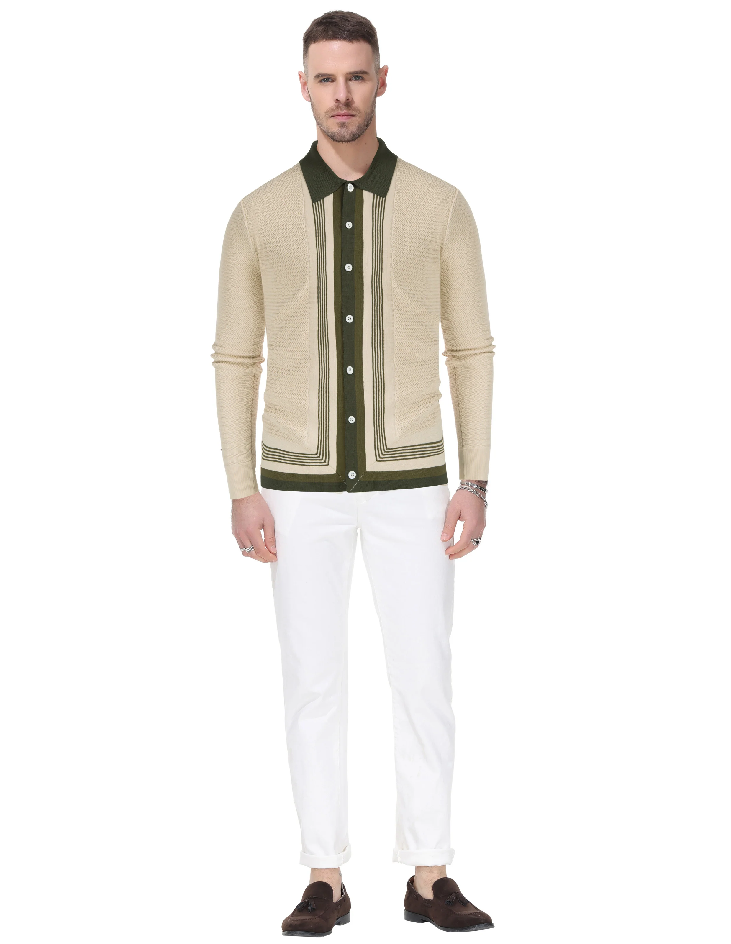 Mens Long Sleeve Button Down Knitted Cardigan Sweaters Stripe Polo Cardigans Shirts - Image 22