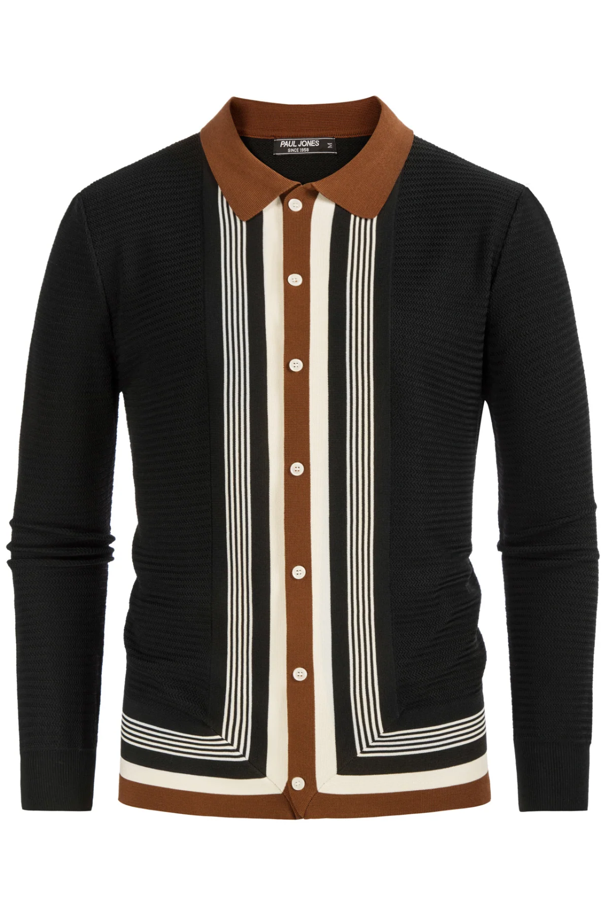 Mens Long Sleeve Button Down Knitted Cardigan Sweaters Stripe Polo Cardigans Shirts - Image 3