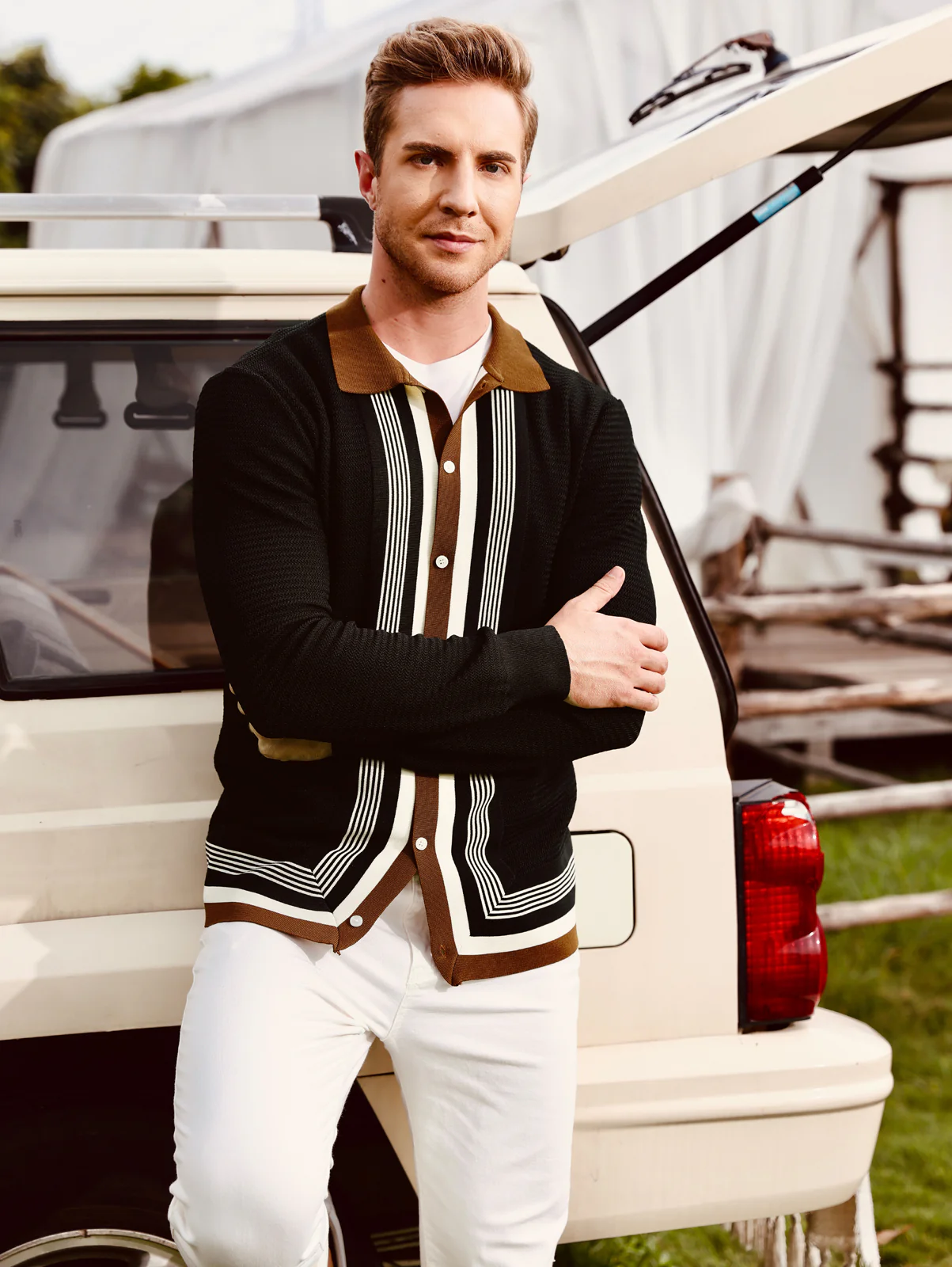 Mens Long Sleeve Button Down Knitted Cardigan Sweaters Stripe Polo Cardigans Shirts - Image 5