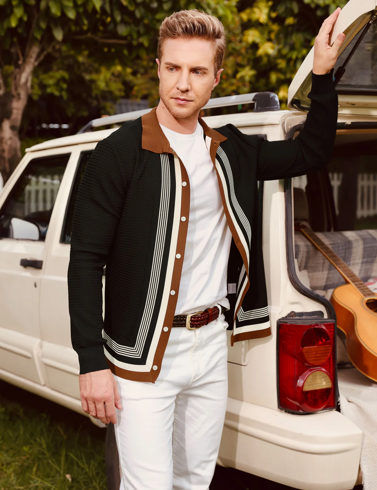 Mens Long Sleeve Button Down Knitted Cardigan Sweaters Stripe Polo Cardigans Shirts - Image 7