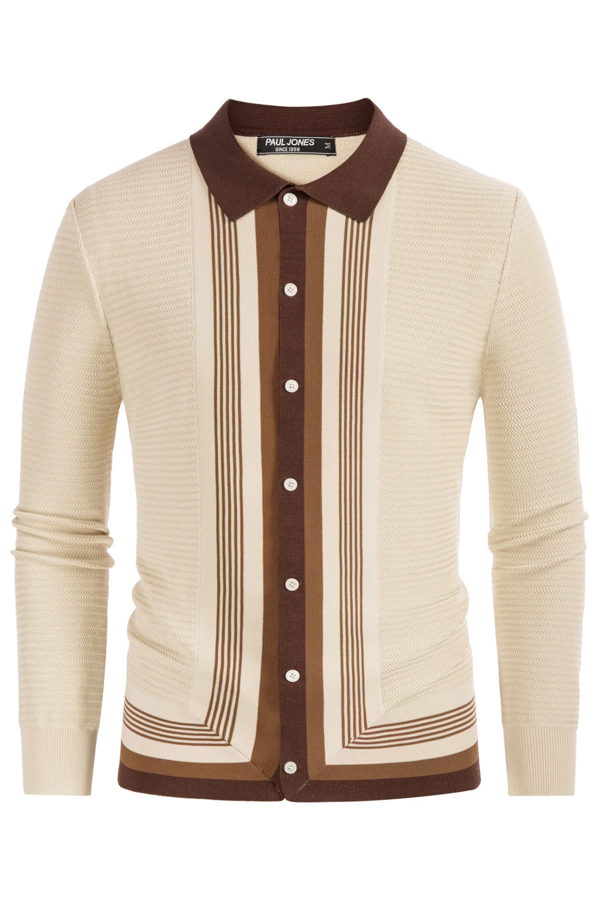 Mens Long Sleeve Button Down Knitted Cardigan Sweaters Stripe Polo Cardigans Shirts - Image 8