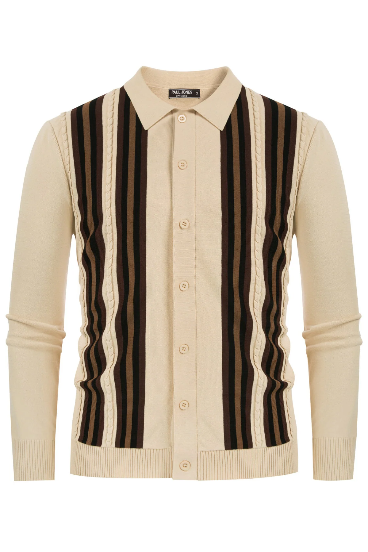 Mens Vintage Striped Knit Polo Shirt Long Sleeve Button Down Cardigan Sweater - Image 3