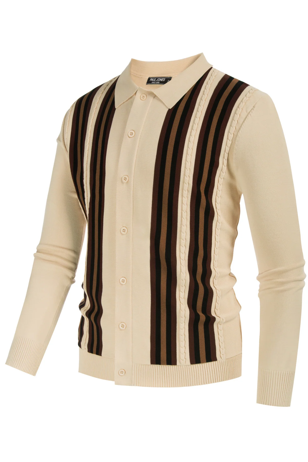 Mens Vintage Striped Knit Polo Shirt Long Sleeve Button Down Cardigan Sweater - Image 4