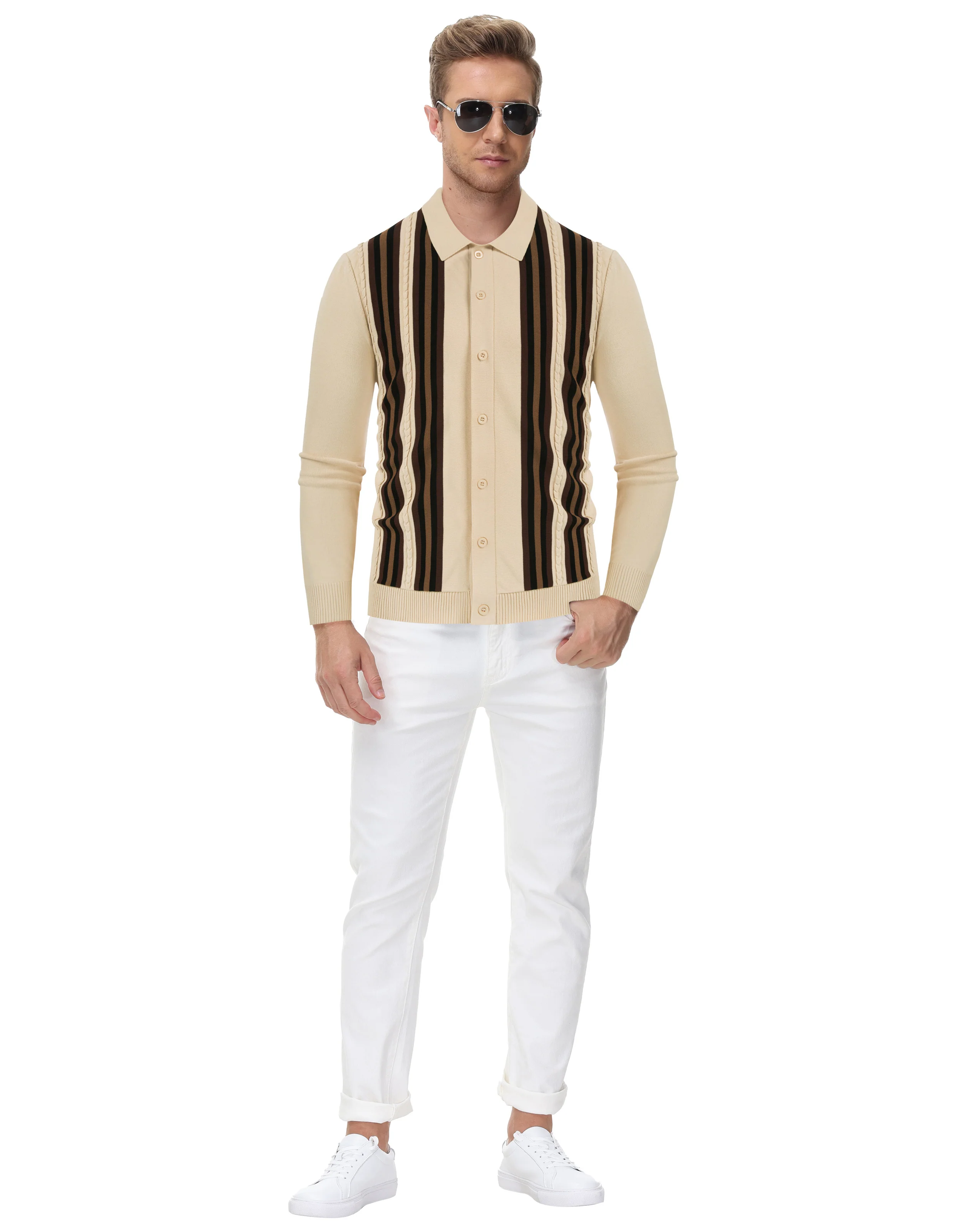 Mens Vintage Striped Knit Polo Shirt Long Sleeve Button Down Cardigan Sweater - Image 5