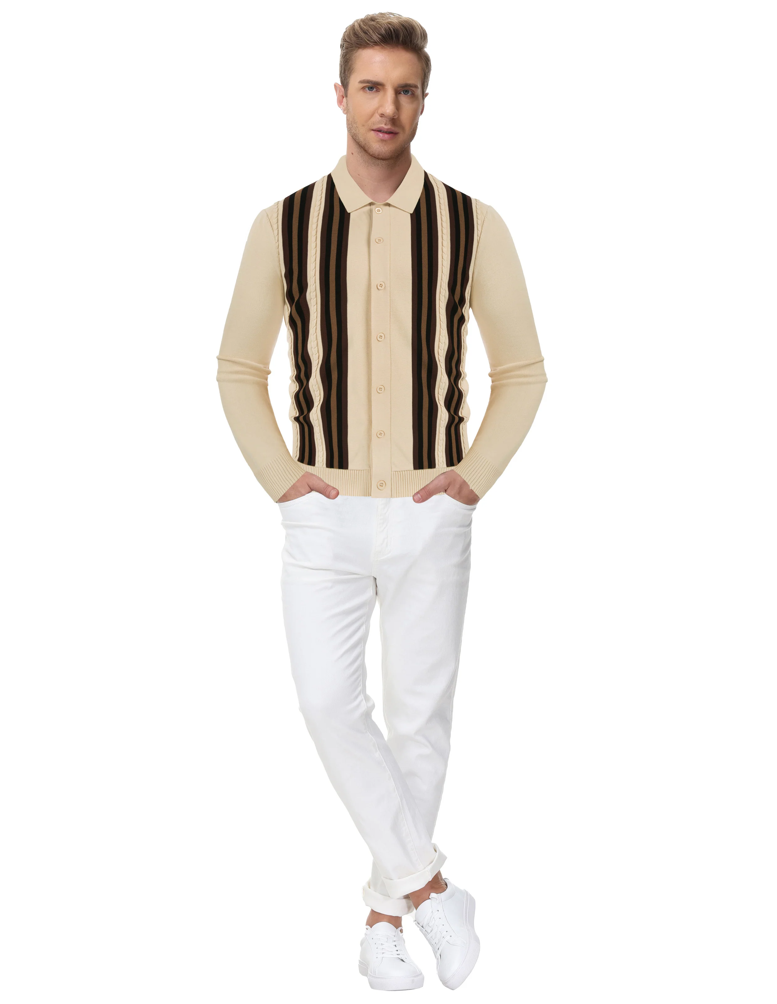Mens Vintage Striped Knit Polo Shirt Long Sleeve Button Down Cardigan Sweater - Image 6