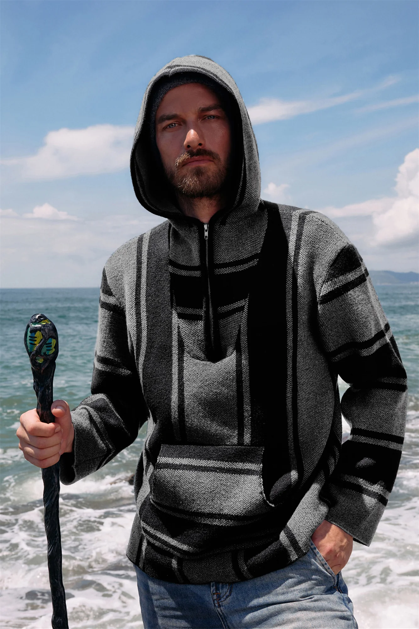 Men's Hoodie Sweater Quarter Zip Stylish Cable Knit Pullover Sweater - Image 5