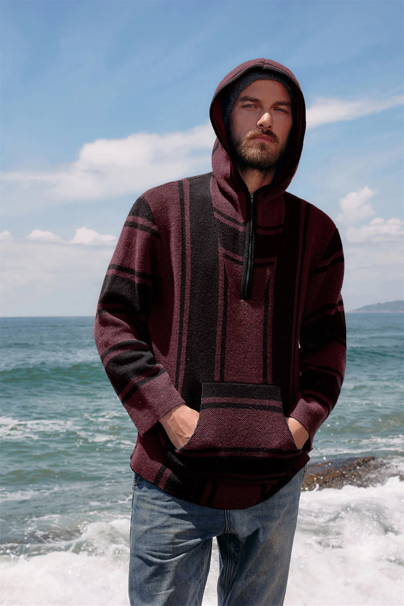 Men's Hoodie Sweater Quarter Zip Stylish Cable Knit Pullover Sweater - Image 8