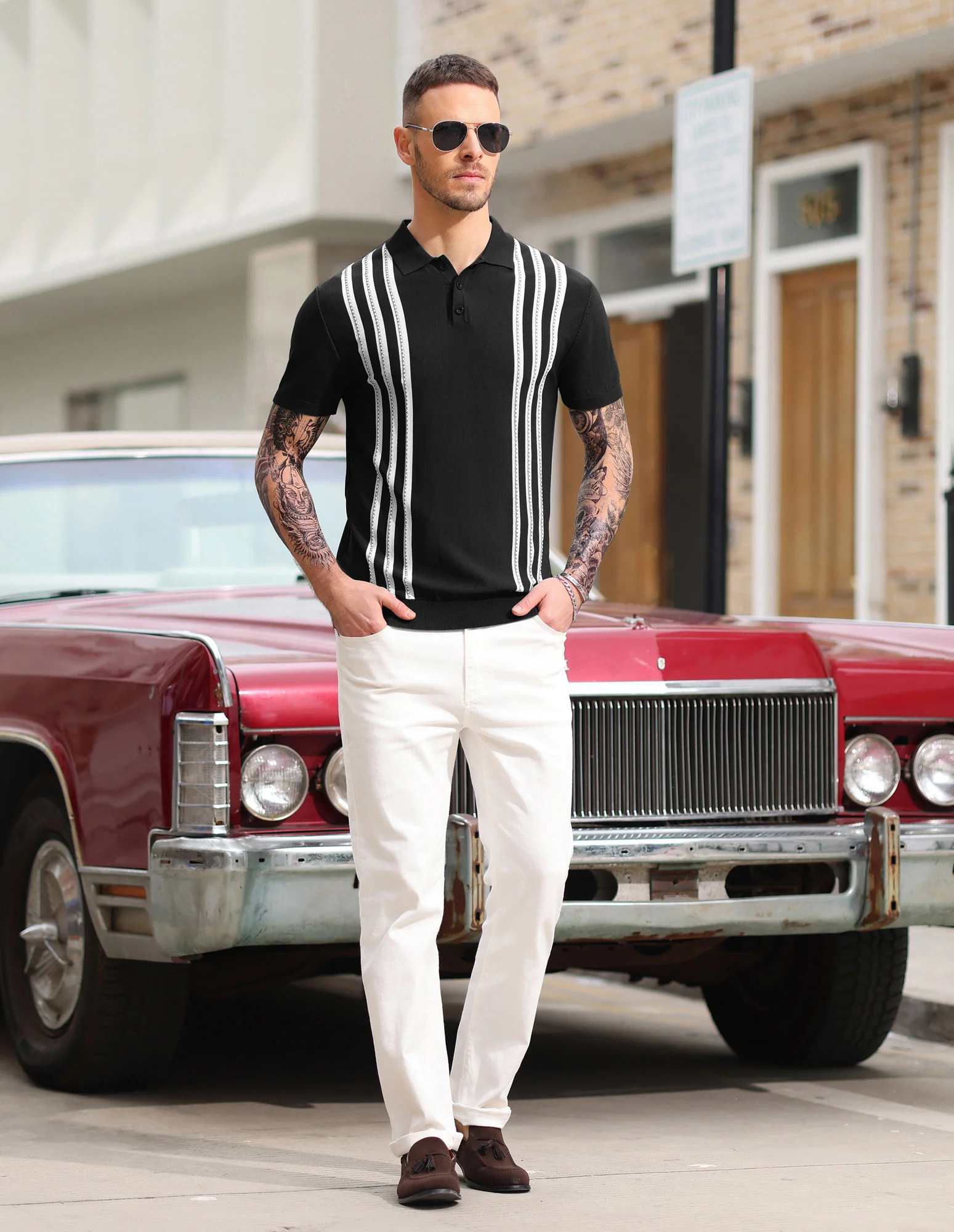 Men's Vintage Stripe Knitted Polo Pullover Shirts Short Sleeve Golf Knit Mens Polo Shirt - Image 16