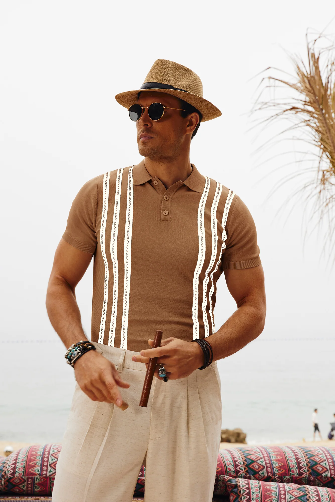Men's Vintage Stripe Knitted Polo Pullover Shirts Short Sleeve Golf Knit Mens Polo Shirt - Image 22
