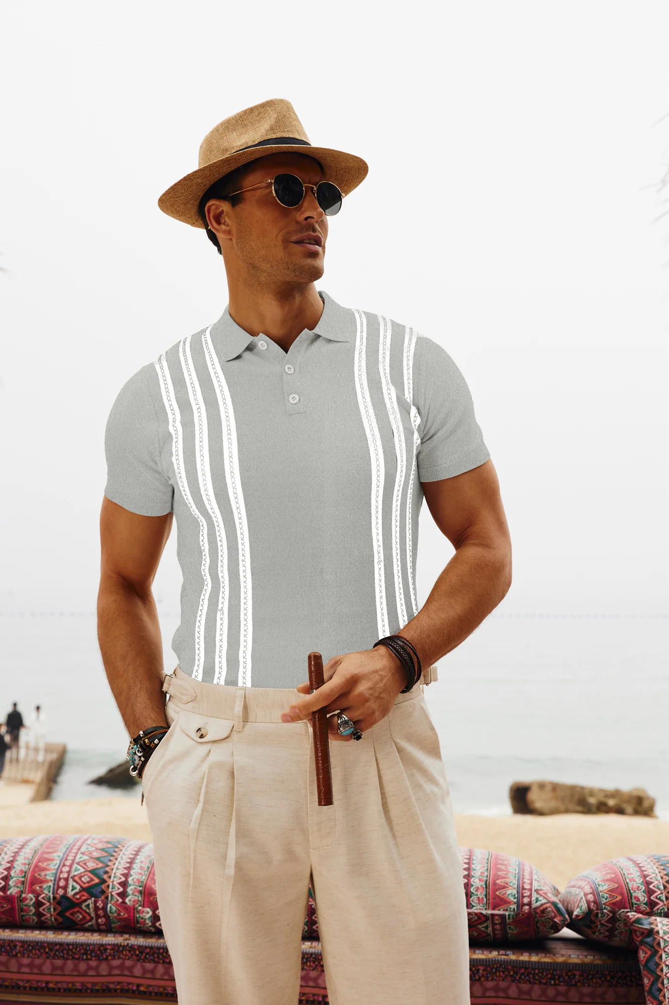 Men's Vintage Stripe Knitted Polo Pullover Shirts Short Sleeve Golf Knit Mens Polo Shirt - Image 25