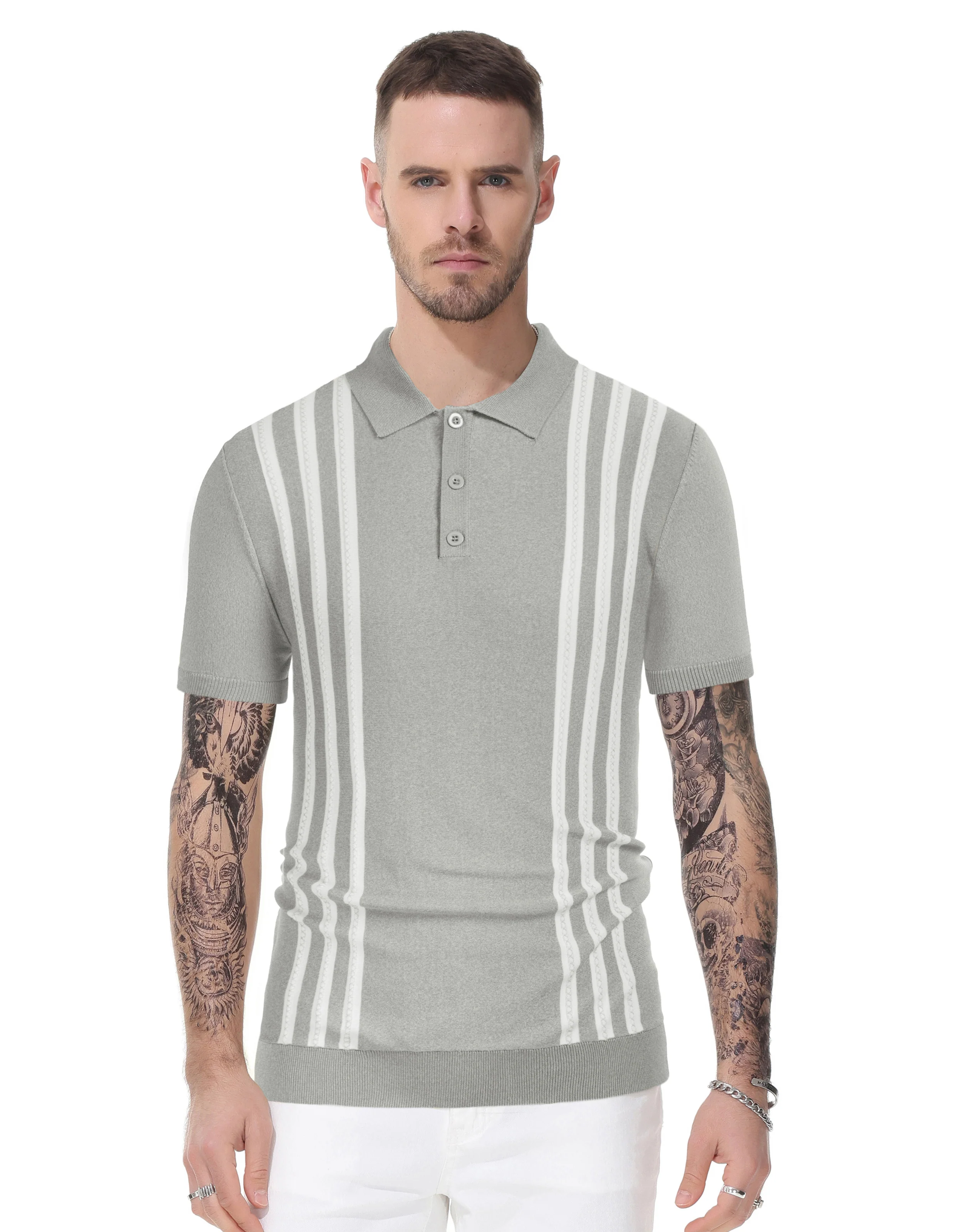 Men's Vintage Stripe Knitted Polo Pullover Shirts Short Sleeve Golf Knit Mens Polo Shirt - Image 27