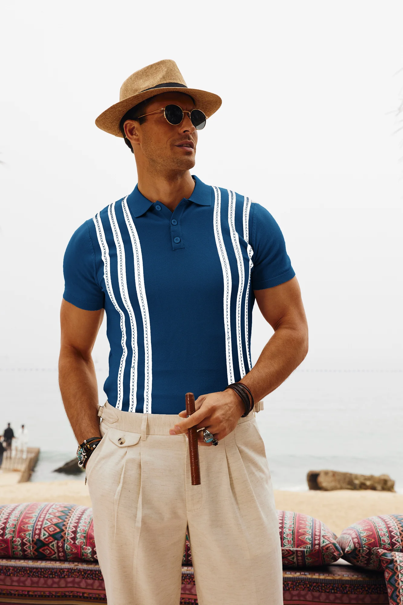 Men's Vintage Stripe Knitted Polo Pullover Shirts Short Sleeve Golf Knit Mens Polo Shirt - Image 30