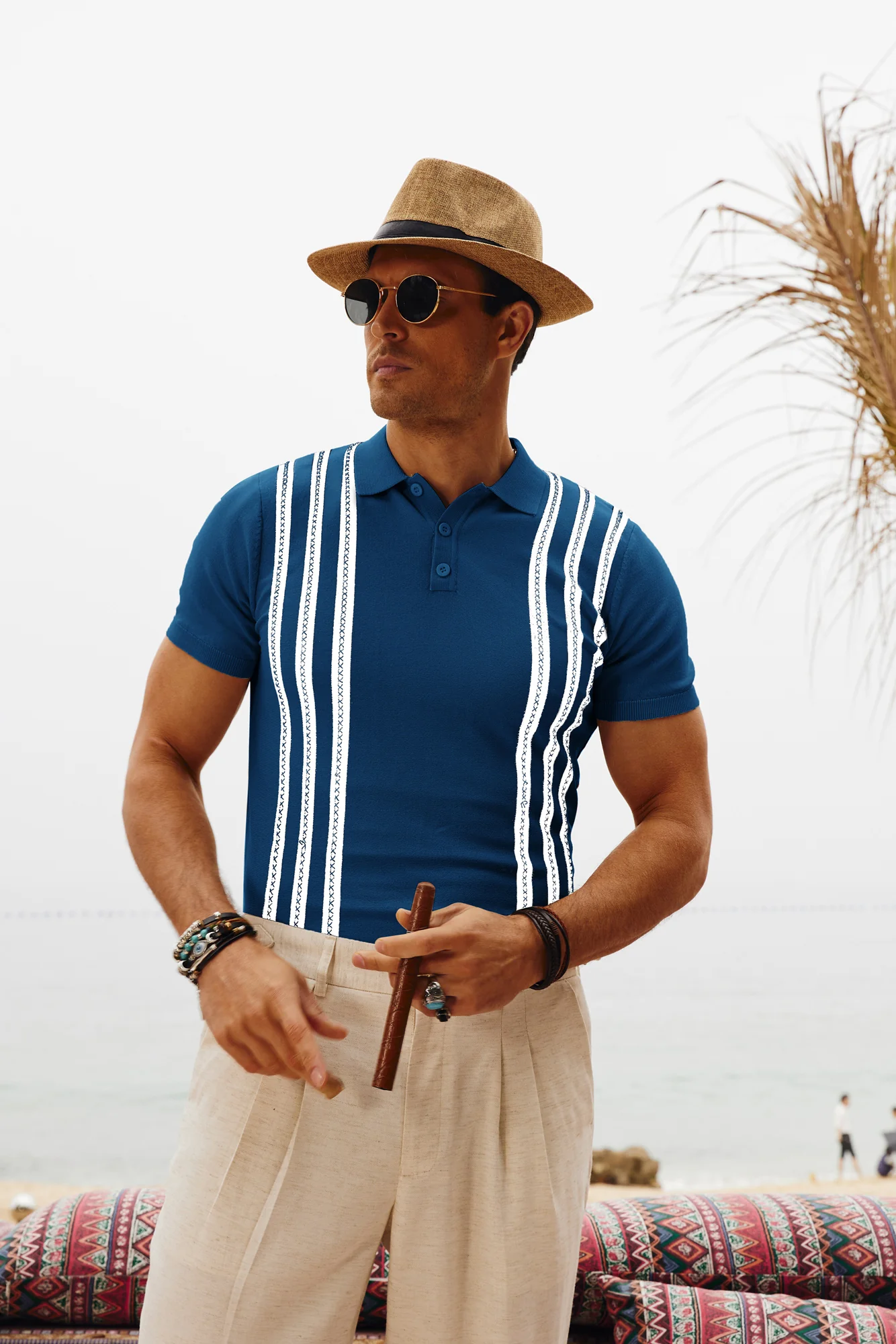 Men's Vintage Stripe Knitted Polo Pullover Shirts Short Sleeve Golf Knit Mens Polo Shirt - Image 31