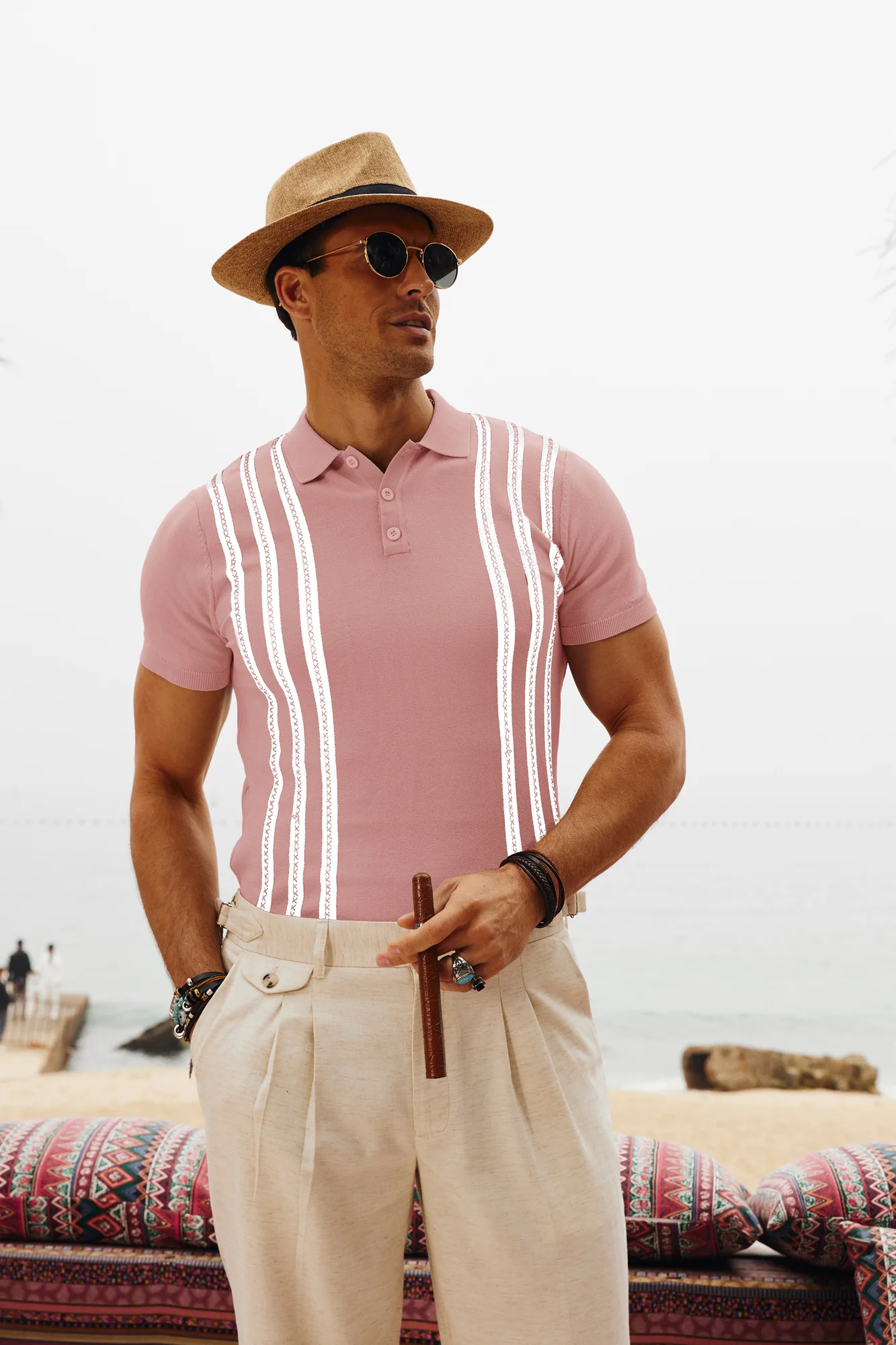 Men's Vintage Stripe Knitted Polo Pullover Shirts Short Sleeve Golf Knit Mens Polo Shirt - Image 35