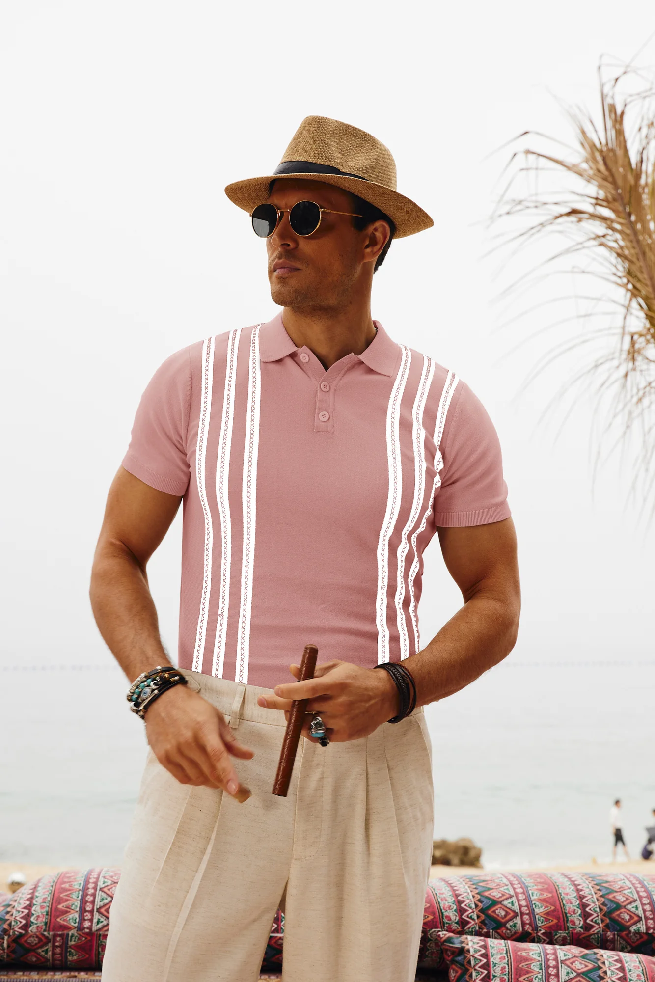 Men's Vintage Stripe Knitted Polo Pullover Shirts Short Sleeve Golf Knit Mens Polo Shirt - Image 37