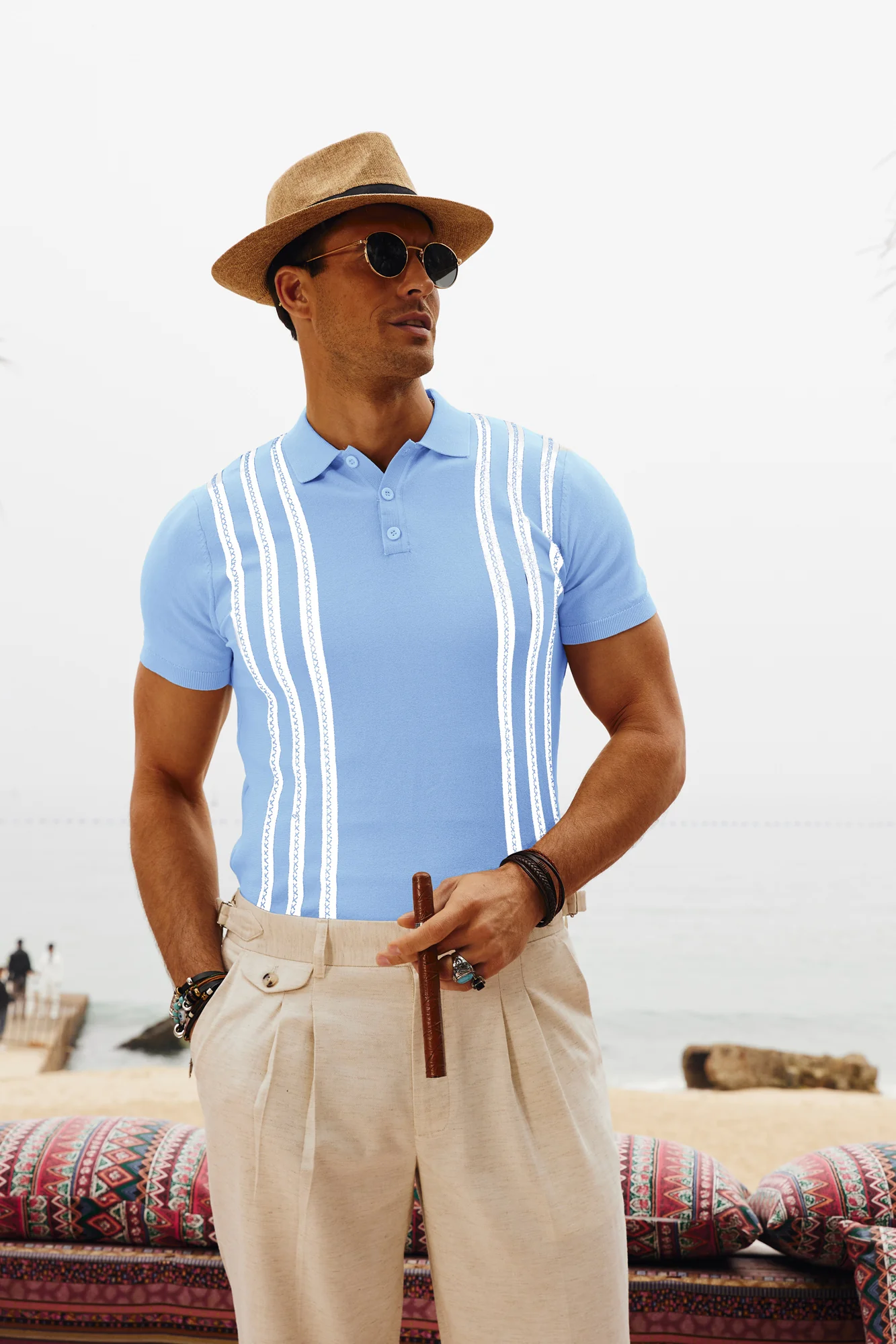 Men's Vintage Stripe Knitted Polo Pullover Shirts Short Sleeve Golf Knit Mens Polo Shirt - Image 40