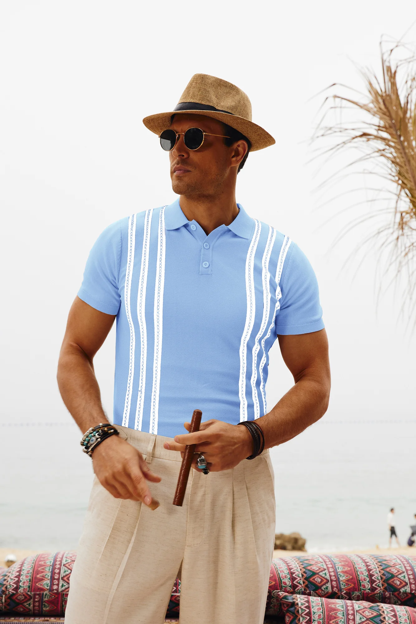 Men's Vintage Stripe Knitted Polo Pullover Shirts Short Sleeve Golf Knit Mens Polo Shirt - Image 41