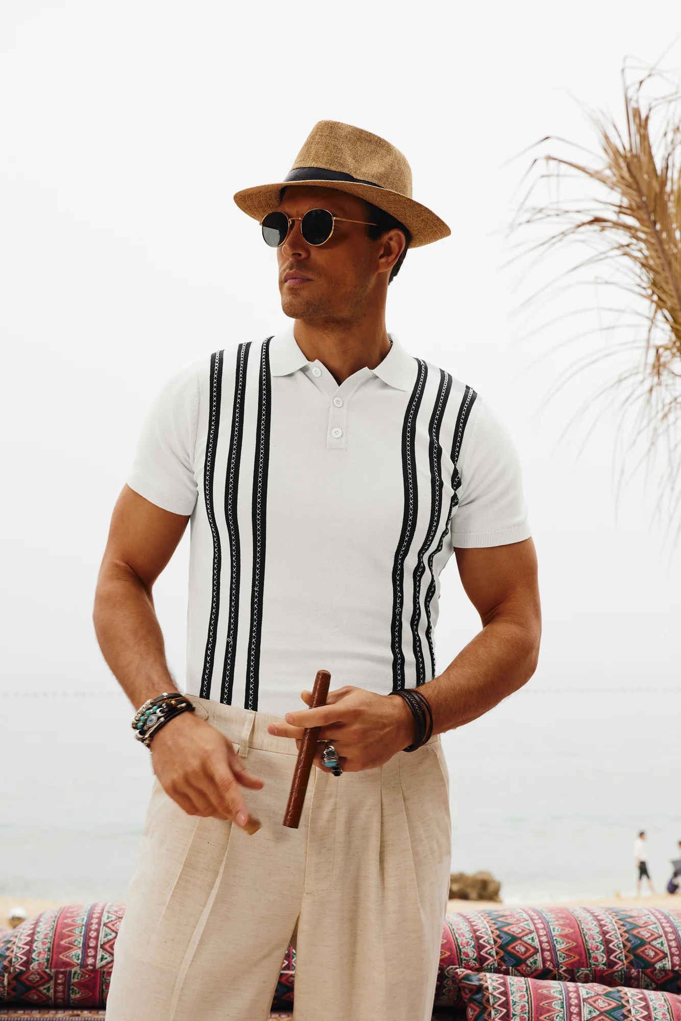 Men's Vintage Stripe Knitted Polo Pullover Shirts Short Sleeve Golf Knit Mens Polo Shirt - Image 44