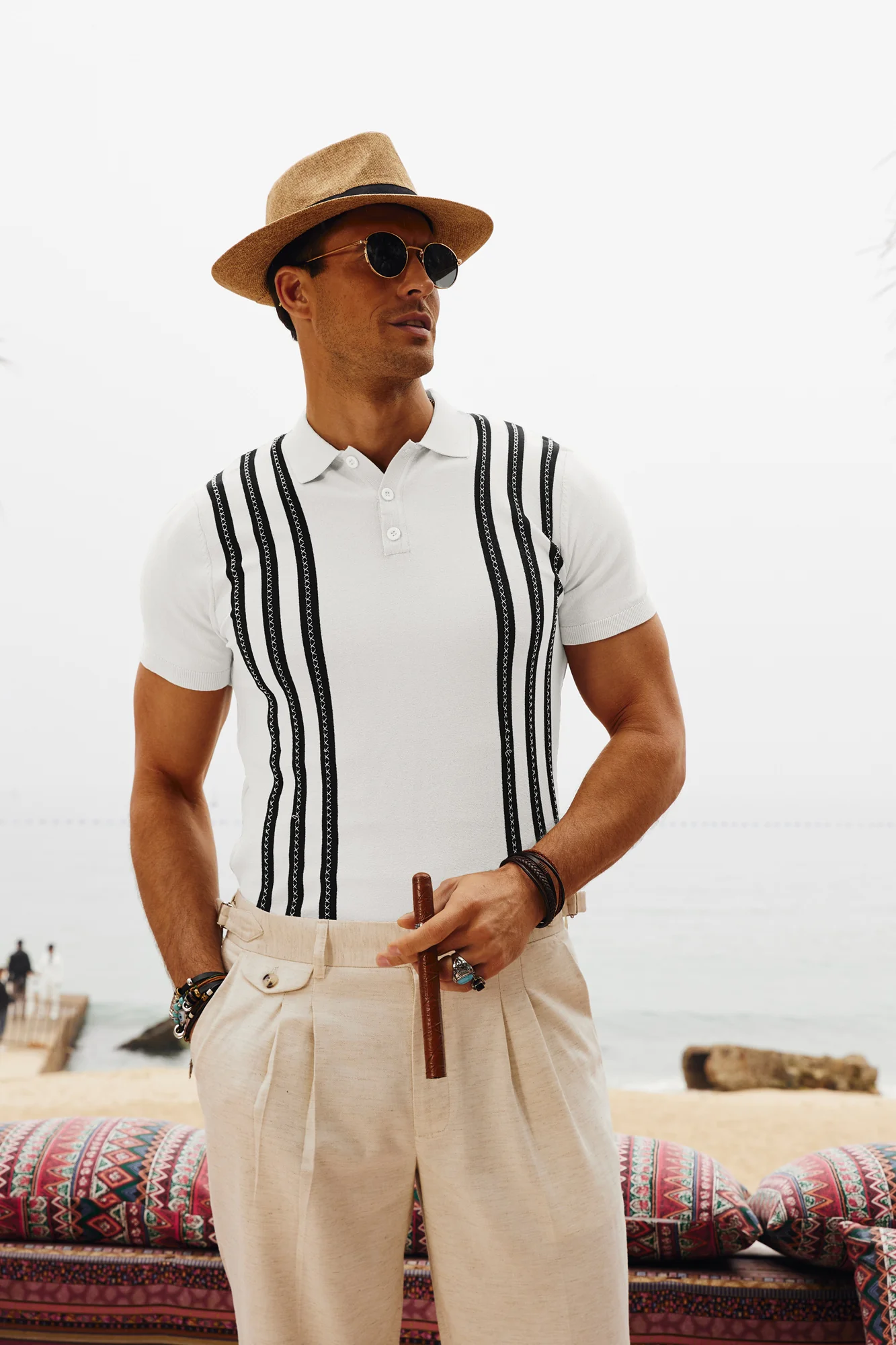 Men's Vintage Stripe Knitted Polo Pullover Shirts Short Sleeve Golf Knit Mens Polo Shirt - Image 45